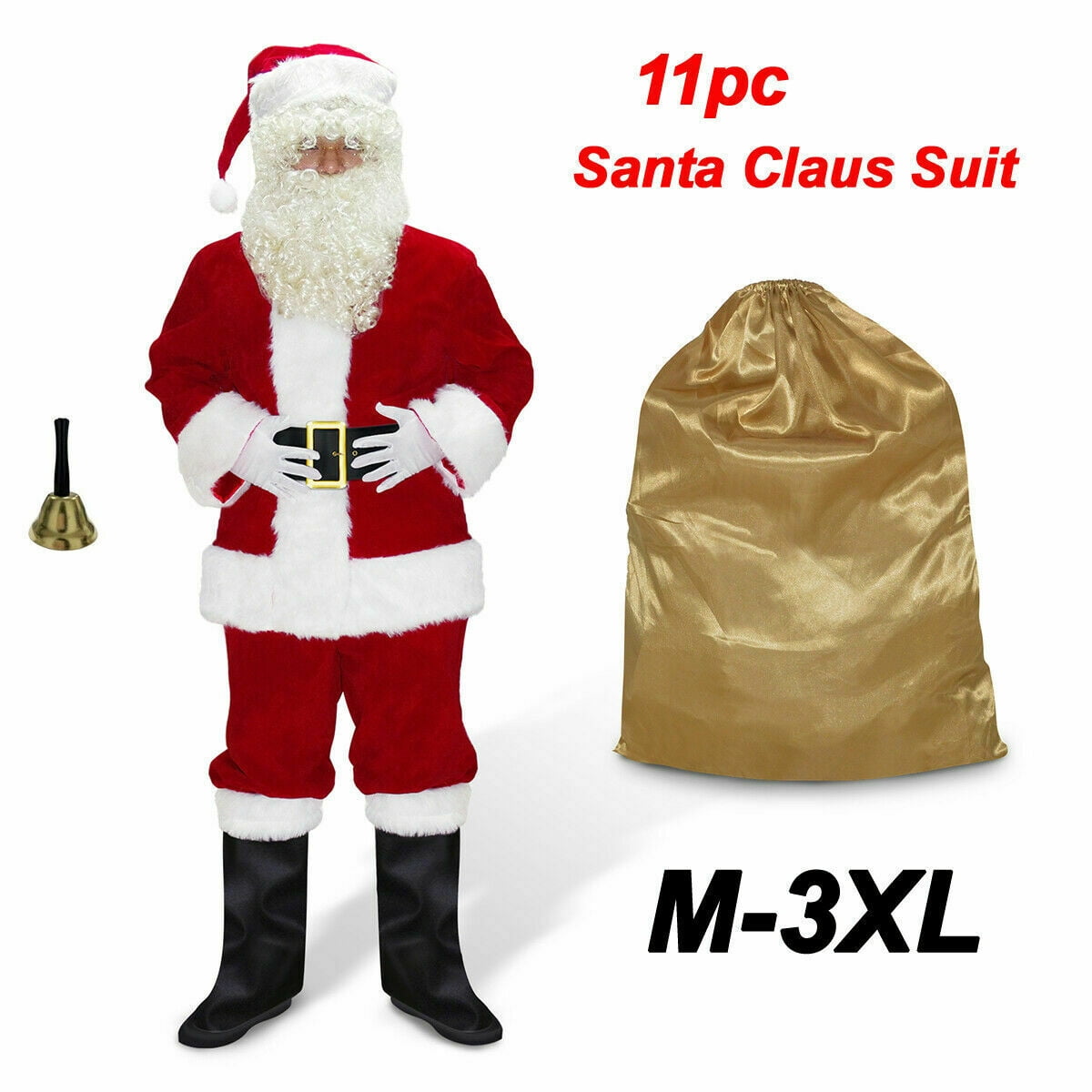 Men's Santa Claus Costume 11PCS. Christmas Velvet Adult Deluxe Santa Suit -3XL
