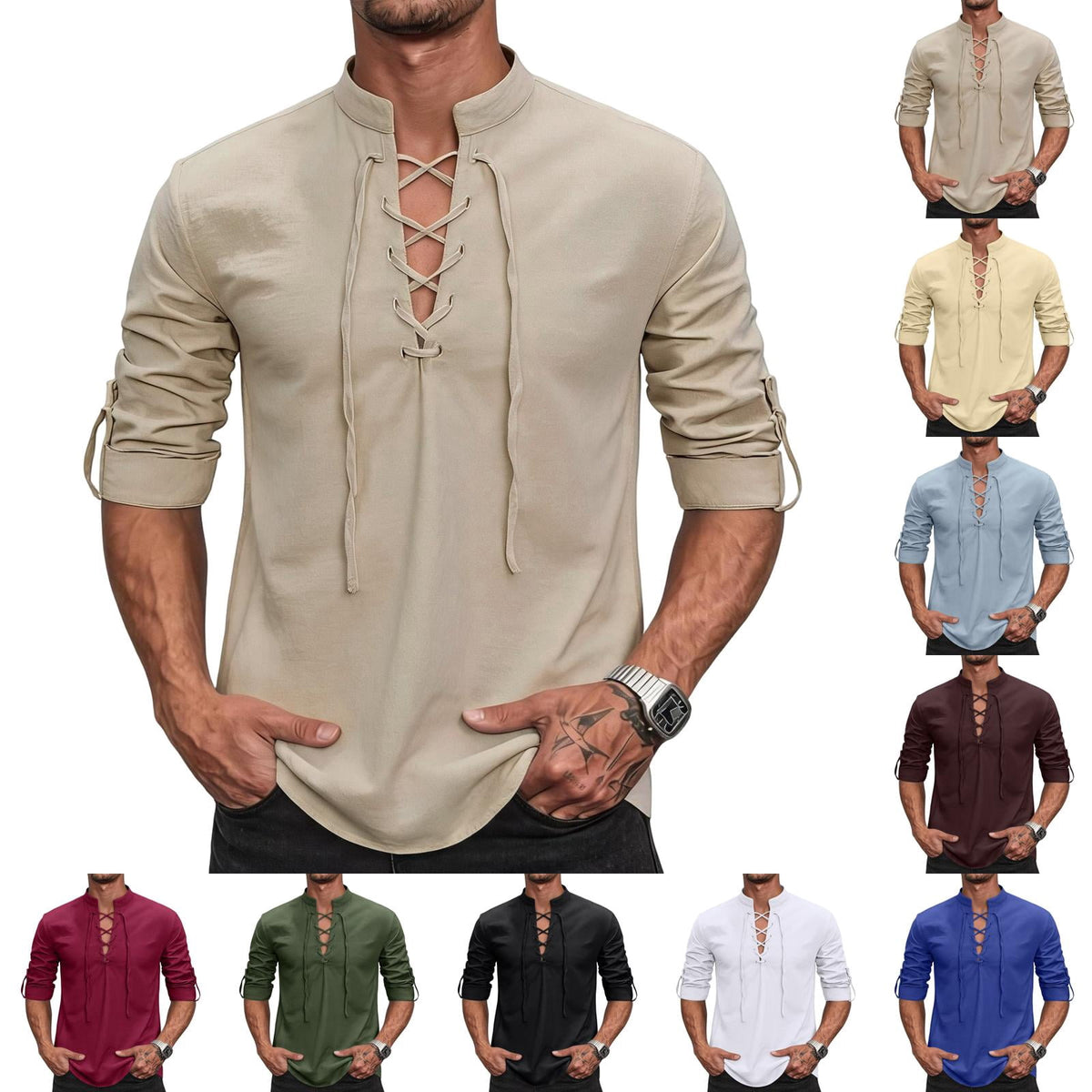 Mens Renaissance Shirt Medieval Pirate Viking Halloween Costume Gothic Steampunk Retro Long Sleeve Lace Up Shirts