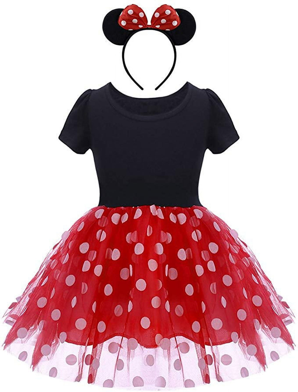 KAWELL Mini Costume for Girls with Mouse Ear Headband, Polka Dot Dress, Child/Toddler, 4-5Y