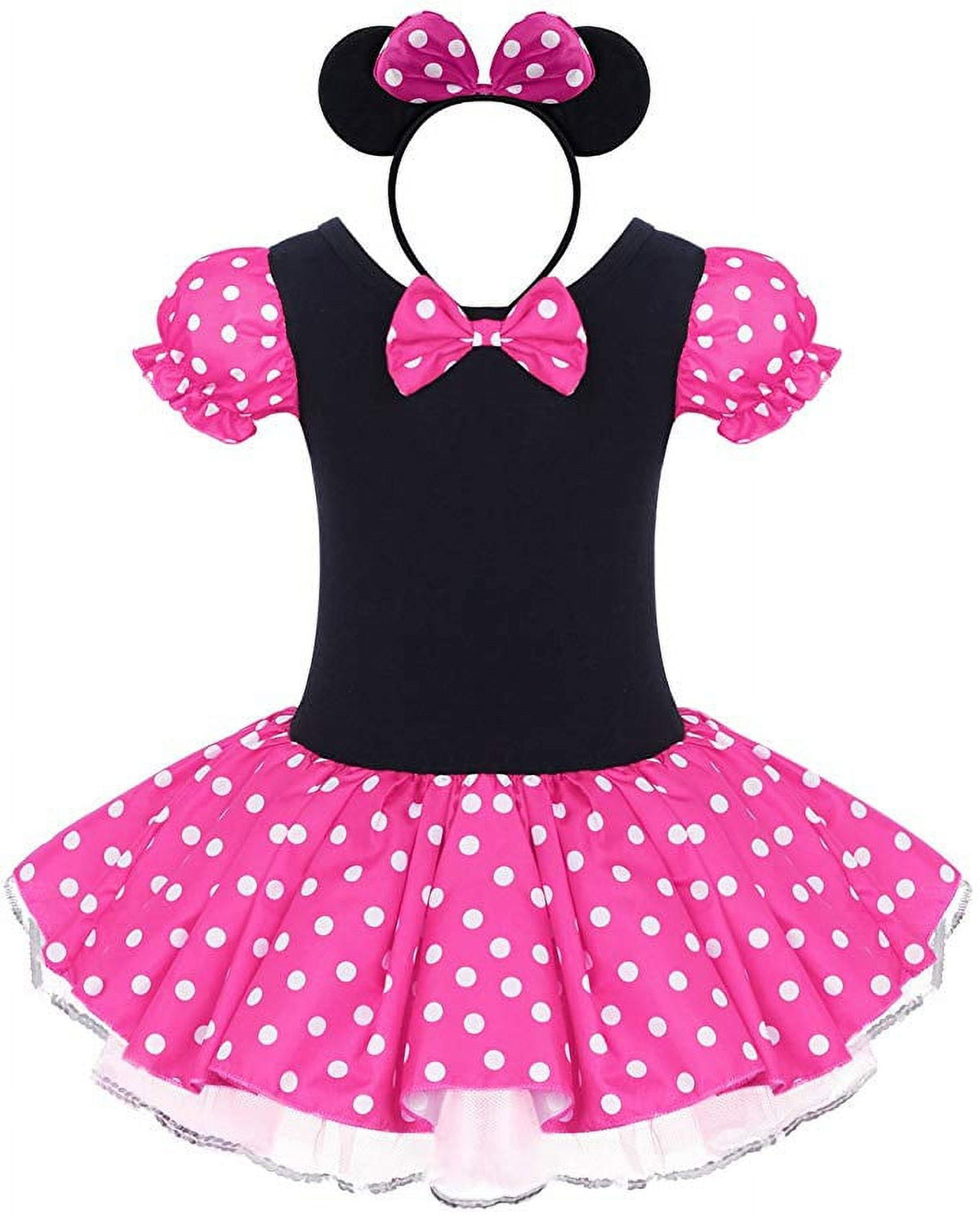 KAWELL Toddler Girls Polka Dot Tutu Dress with Ear Headband, Kids Character Inspired Costume Outfit for Halloween, Theme Park, Birthday Party, Child 4-5Y