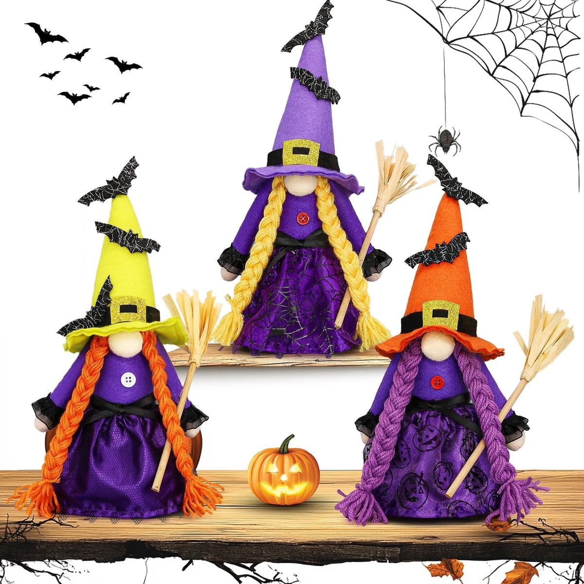 Molumo Halloween Gnomes Decorations Indoor, 3 Packs Handmade Cute Witch Hocus Pocus Halloween Decorations for Home, Office, Party, Funny Halloween Gifts