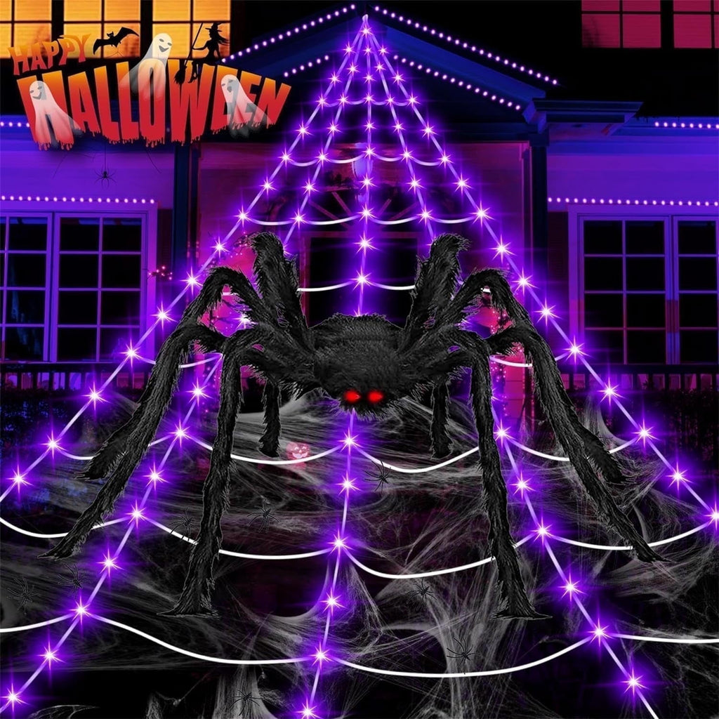 Spider Web Halloween Decorations Outdoor Lights, 200 Purple LED Light Up 16.4Ft Giant Spiderweb & 60" Large Spider & 20 Small Spiders, 8 Modes Lighted Decor for Yard Outside