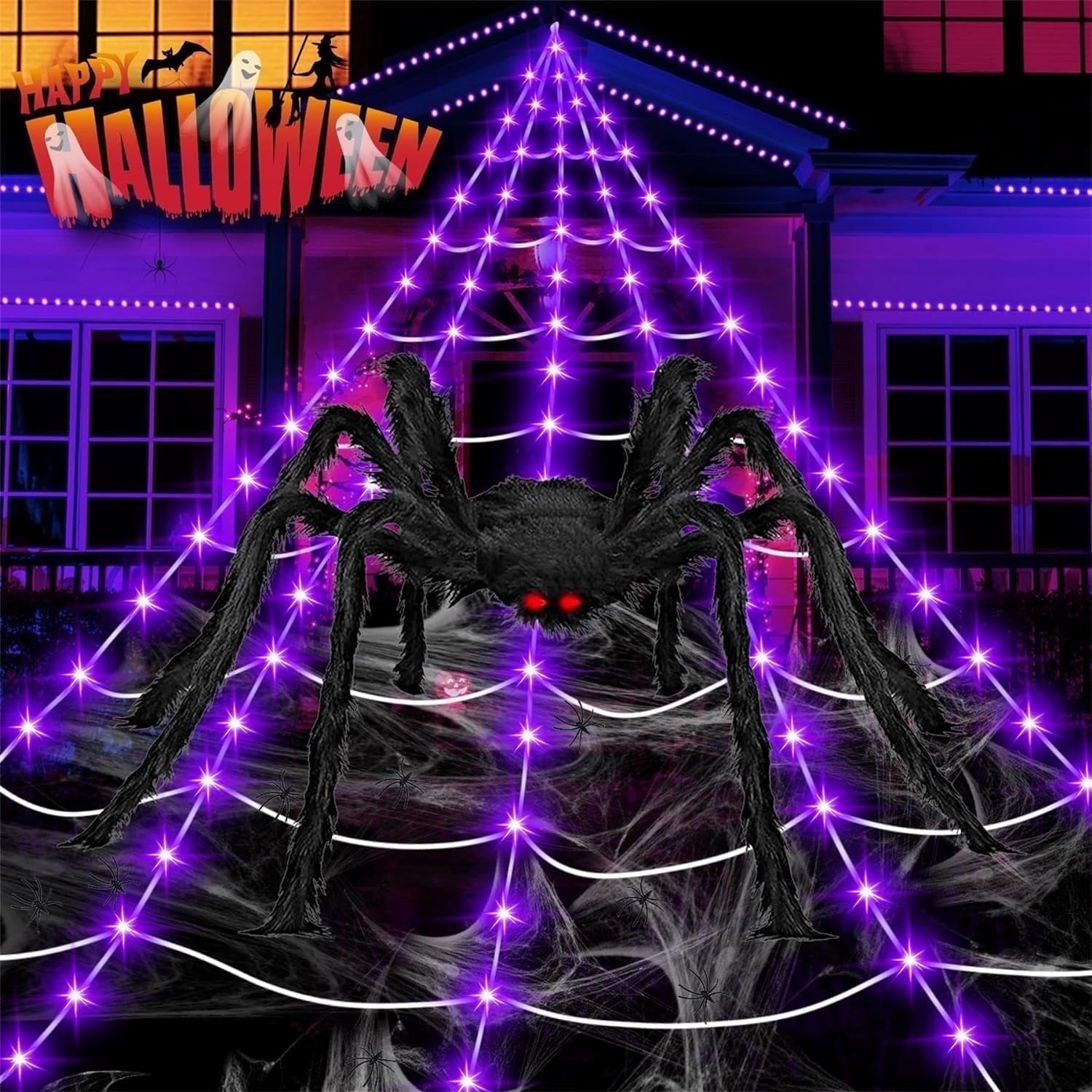 Spider Web Halloween Decorations Outdoor Lights, 200 Purple LED Light Up 16.4Ft Giant Spiderweb & 60" Large Spider & 20 Small Spiders, 8 Modes Lighted Decor for Yard Outside