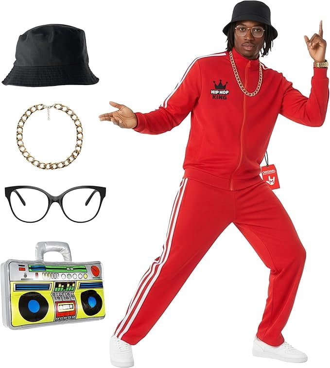 Morph Mens 1980s Red Rapper Costume Boombox Adult 90s Hip Hop Tracksuit Halloween Red Standard