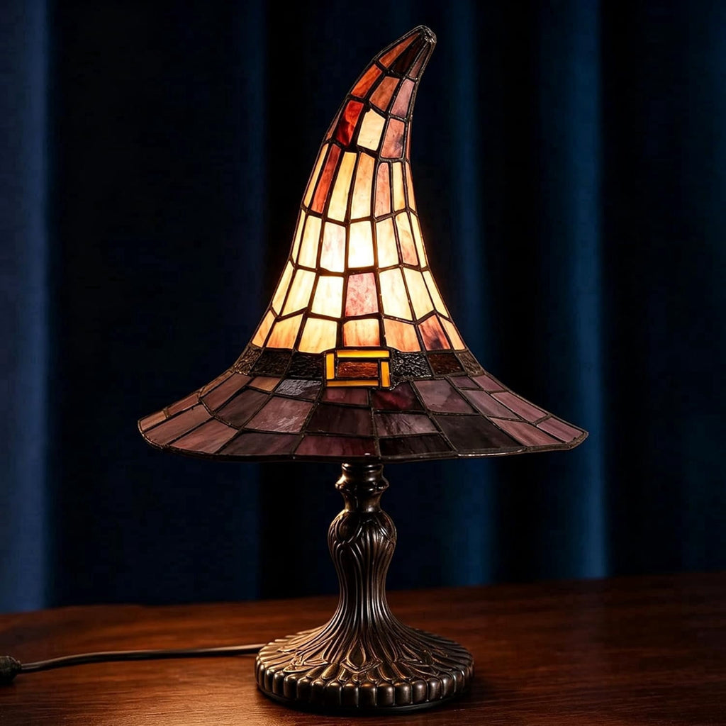 New Stained Glass Witch Hat Lamp - Handcrafted Retro Crackr Resin Witch Lamp, USB Powered Gothic Wizard Hats Night Light barrl, Halloween Decor Accent Lamps for Bedroom & Bookshelf
