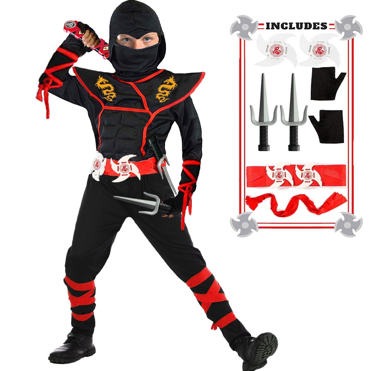 Ninja Costume Kids Ninja Muscle Costumes Boys Ninja Set Accessories Best Children Gift(kids-M-6/7T)