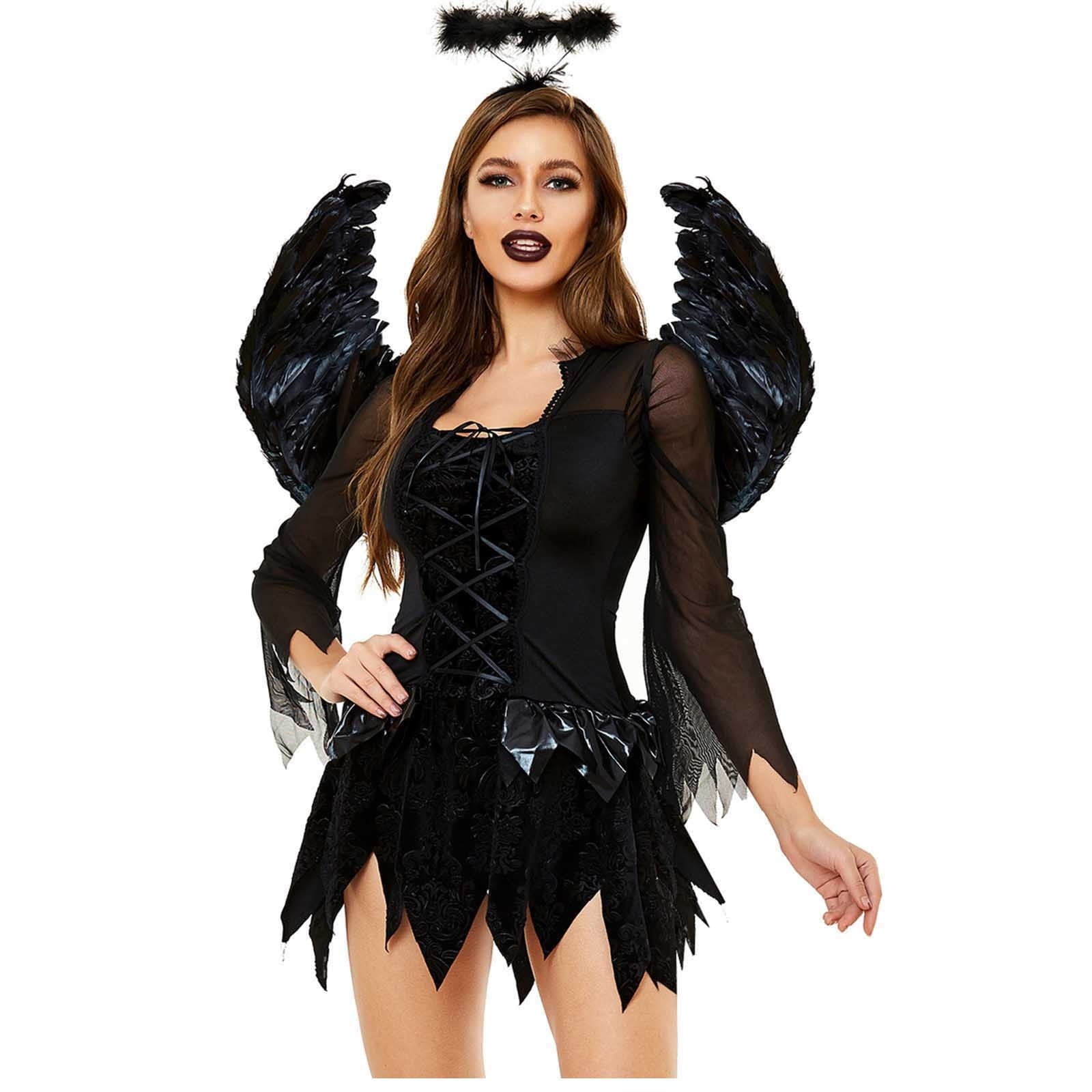 Odeerbi Dresses for Women Winged Black Angel Clothing Short Sleeve Square Neck Dress Black
