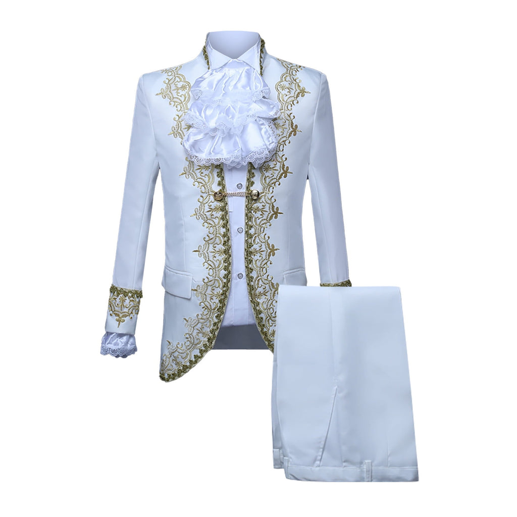 Odeerbi Mens Steampunk Tailcoat Gothic Medieval Gold Embroidery Jacket Halloween Tuxedo Coat Frock Uniform European Court Performances Prince Uniforms Coat White