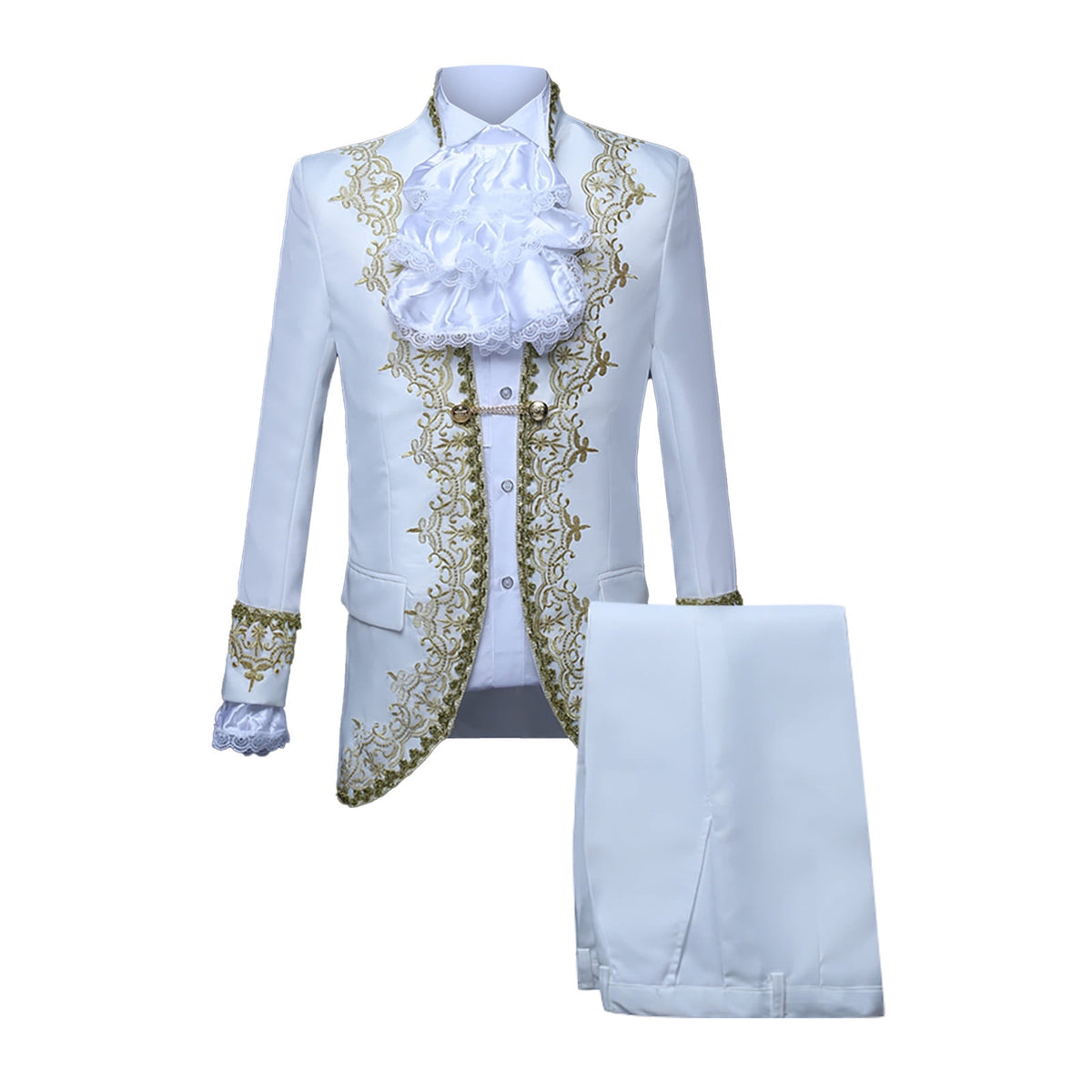 Odeerbi Mens Steampunk Tailcoat Gothic Medieval Gold Embroidery Jacket Halloween Tuxedo Coat Frock Uniform European Court Performances Prince Uniforms Coat White
