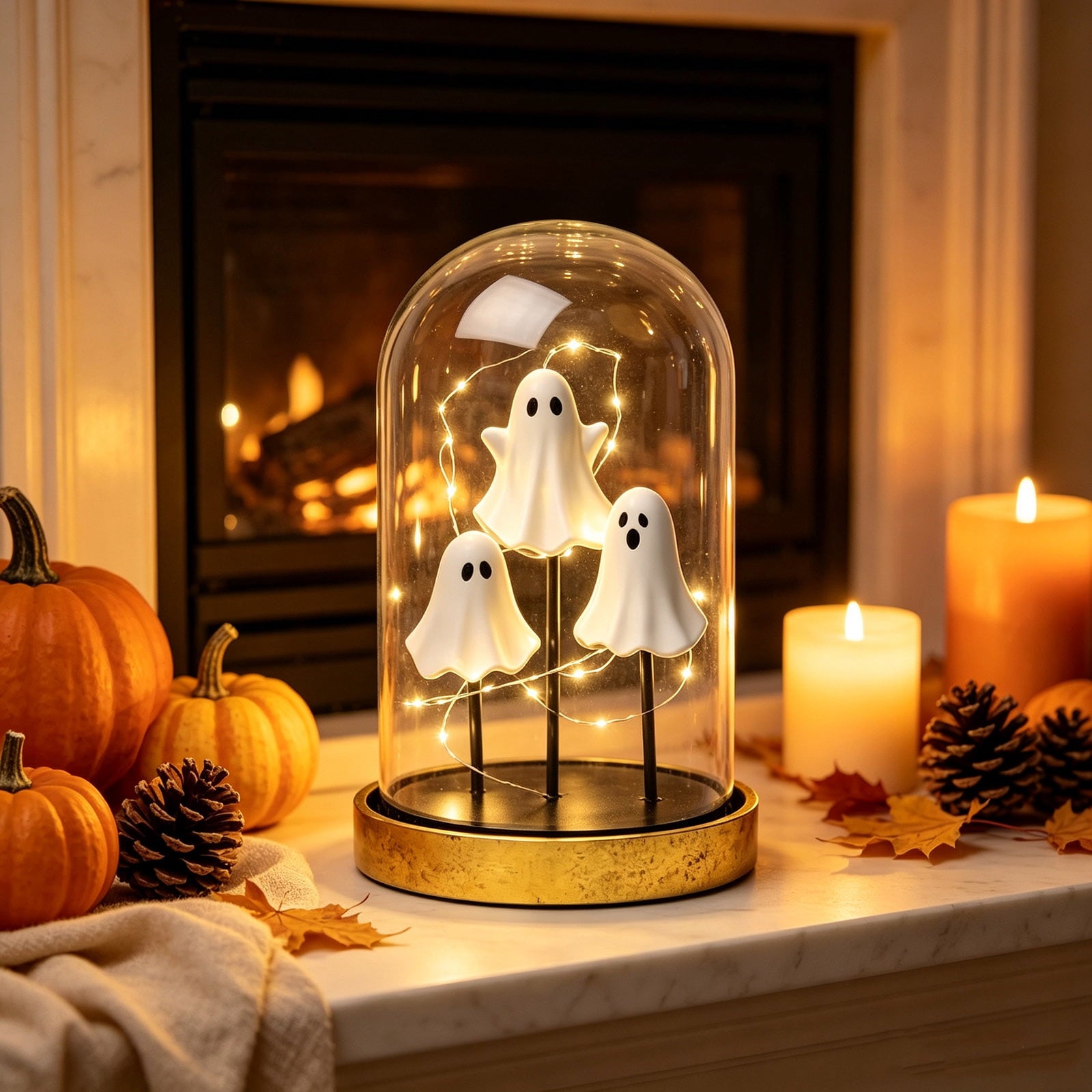 Darzheoy Halloween Decoration Ghost Cloche Lamp, with 3 Mini Figurines, Halloween Ghost Spooky, White Warm Glow, 1 Count