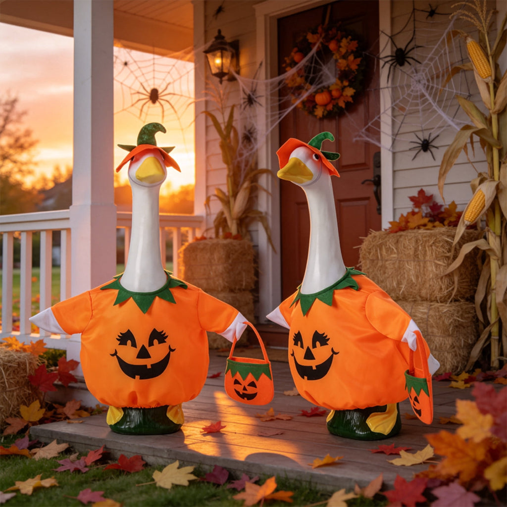 Outdoor Holiday Yard Decor, 23 Inch Porch Goose Outfits, Halloween Pumpkin Themed Porch Goose Clothes, Porch Goose Set with Hat and Treat Bag, Fits Standard 23 Inch Large Porch