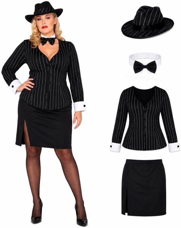PMU French Maid Halloween Costume Black White Dress with Headpiece, Plus Size Up to 22