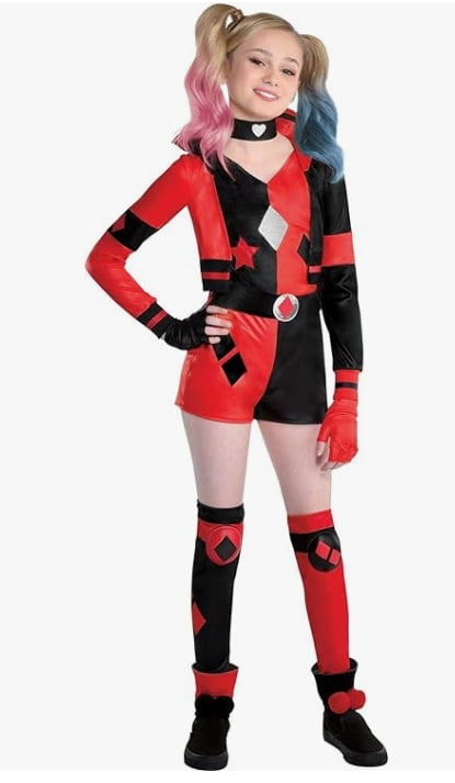 DC Comics Harley Quinn Girls Fancy-Dress Costume with Romper, Choker, Gloves & Leg Warmers - Large