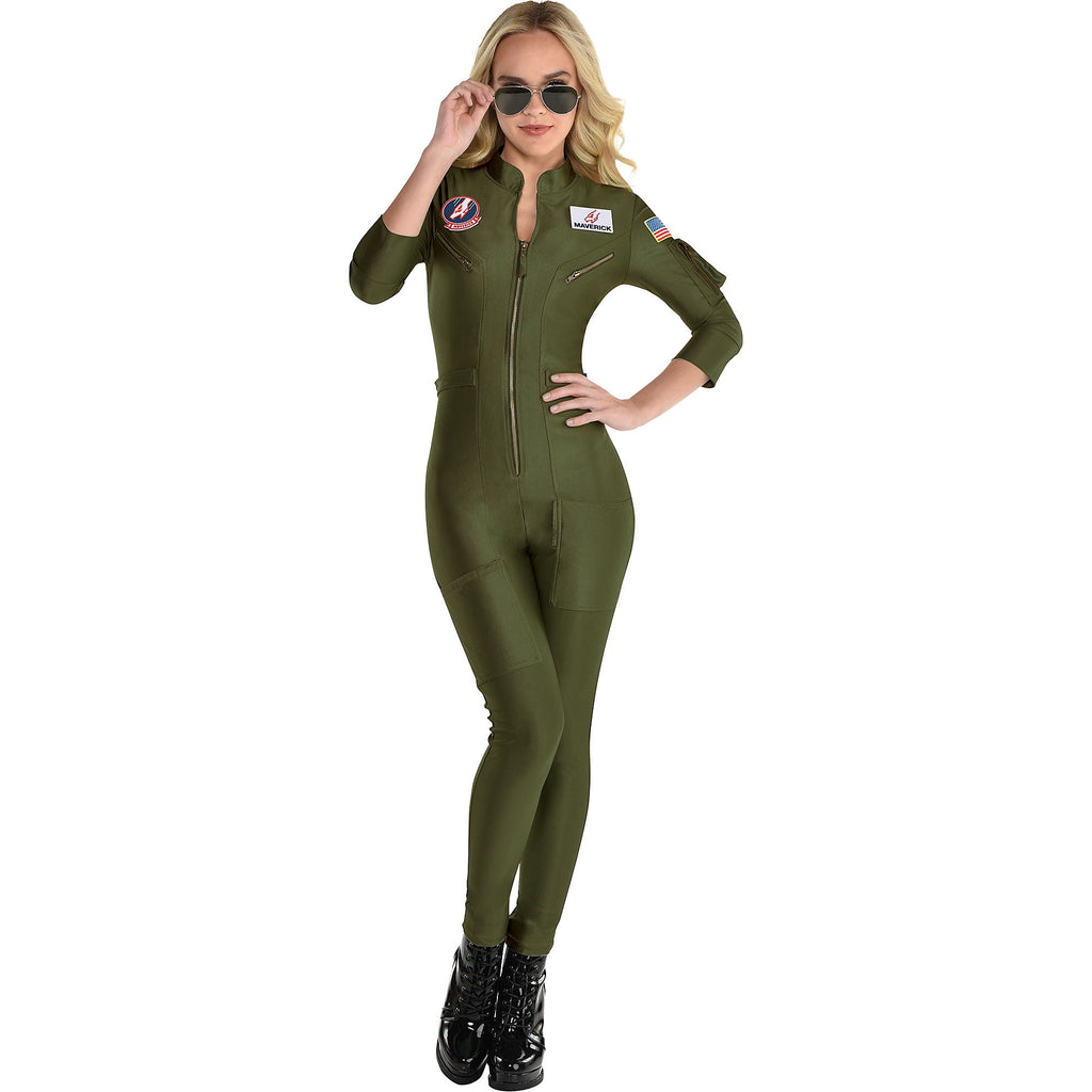 Party City Top Gun: Maverick Flight Costume for Women, Halloween, Olive Green, Medium (6-8), Catsuit with Zipper