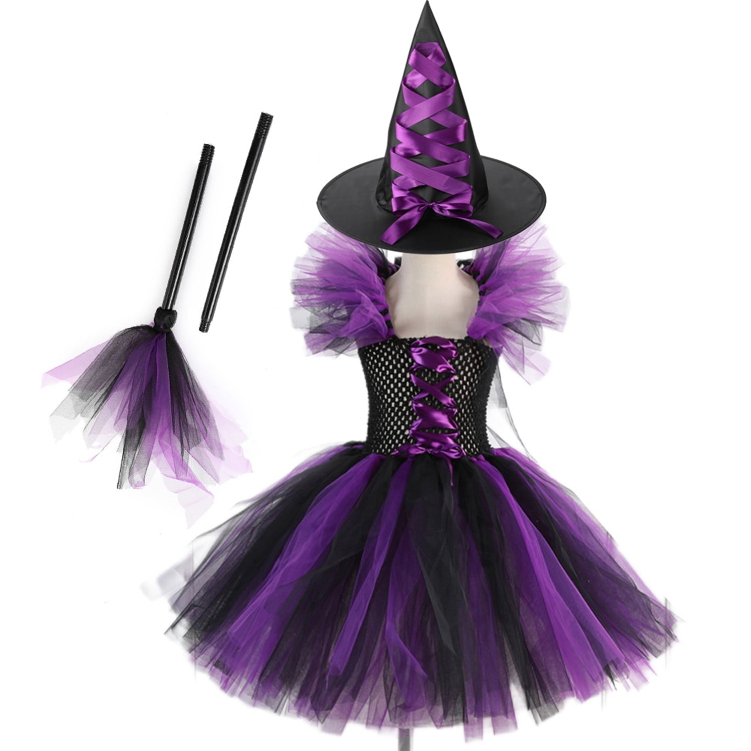 CHOYURME CHONYURM Girls Halloween Witch Costume with Witch Hat and Magic Brooms for 2-12 Years