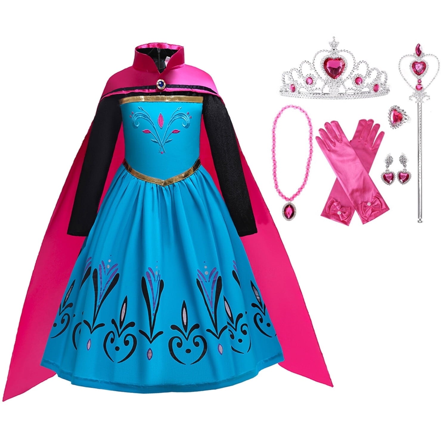CHOYURME CHONYURM Girls Winter Princess Costume Dress with Cape Tiara Wand Full Accessory Set, Long Sleeve Party Gown for Halloween Birthday, Size 2-13