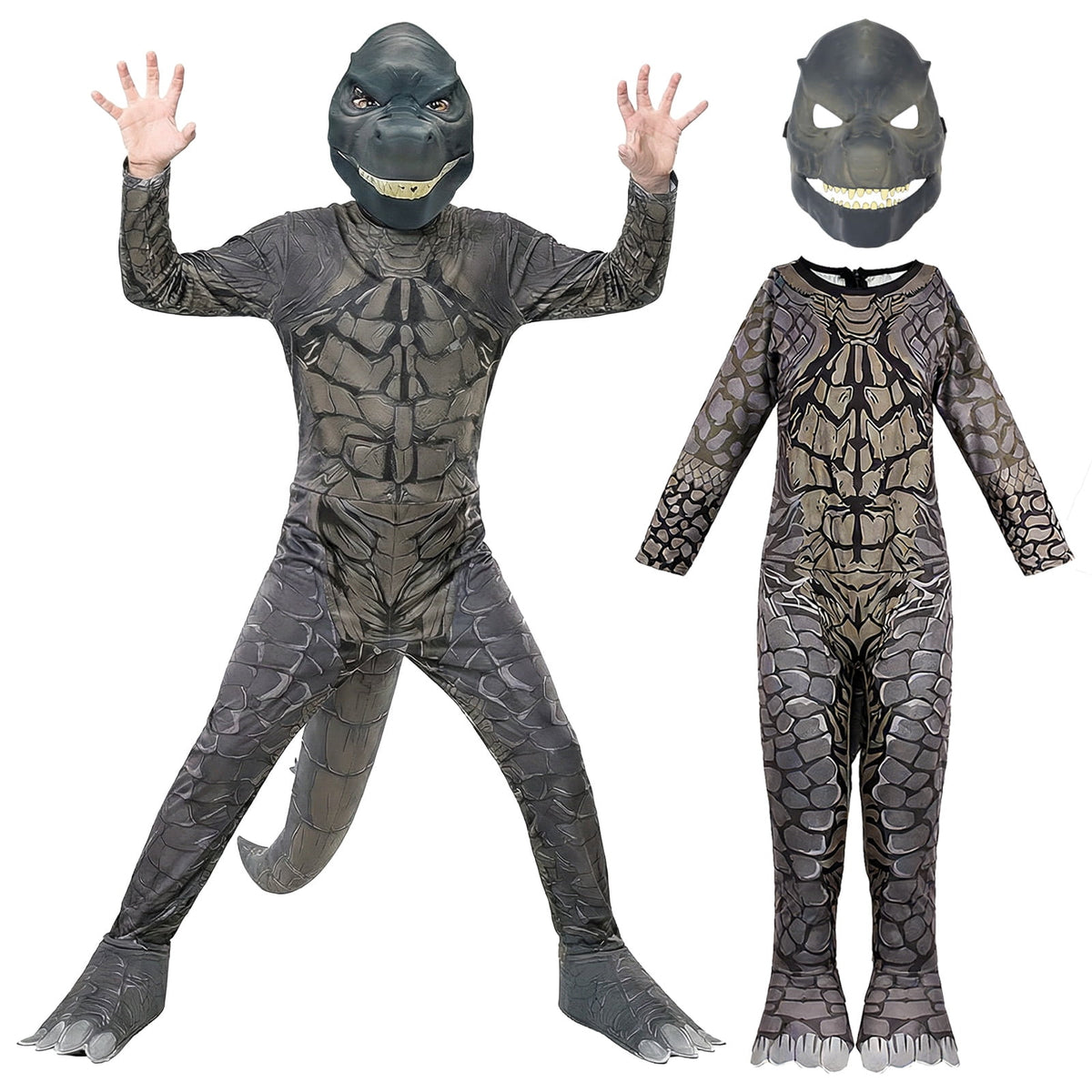 Pigmiss Kids Dinosaur Costume, Full Body Raptor Dino Suit with Mask and Tail, Halloween Cosplay Outfit for Boys Girls Party Dress Up