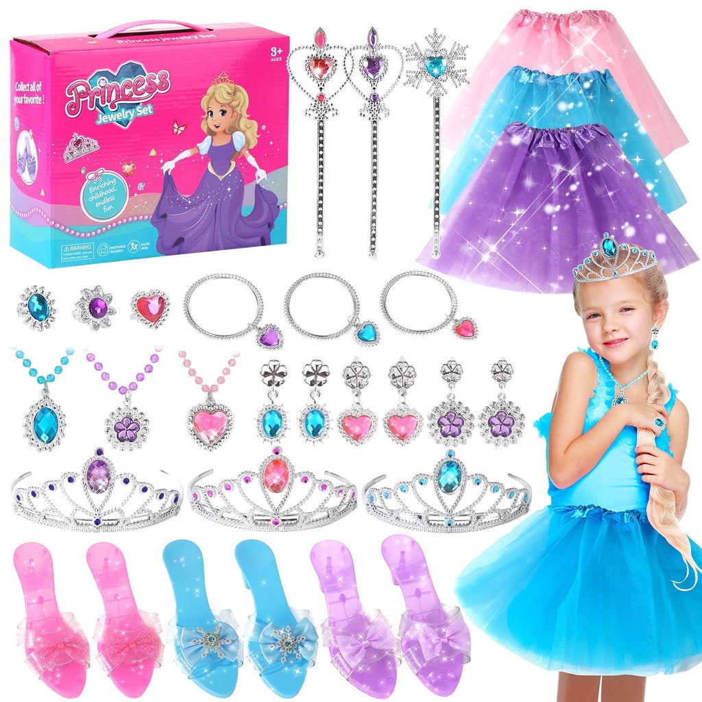 Princess Dress Up Toddler Girl Toys, Dress Up for Girls 3 4 5 6 Year Old, Princess Toys for Toddler, Upgraded with 3 Sets, Include Jewelry, Crown, Shoes, Princess Wand...Birthday Gift