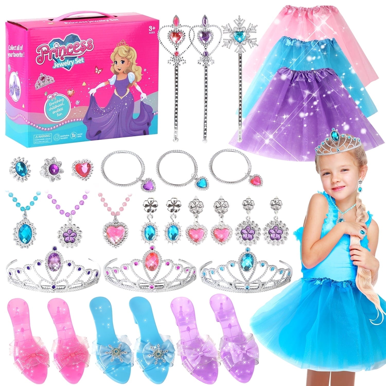 Princess Dress Up Toddler Girl Toys, Dress Up for Girls 3 4 5 6 Year Old, Princess Toys for Toddler, Upgraded with 3 Sets, Include Jewelry, Crown, Shoes, Princess Wand...Birthday Gift