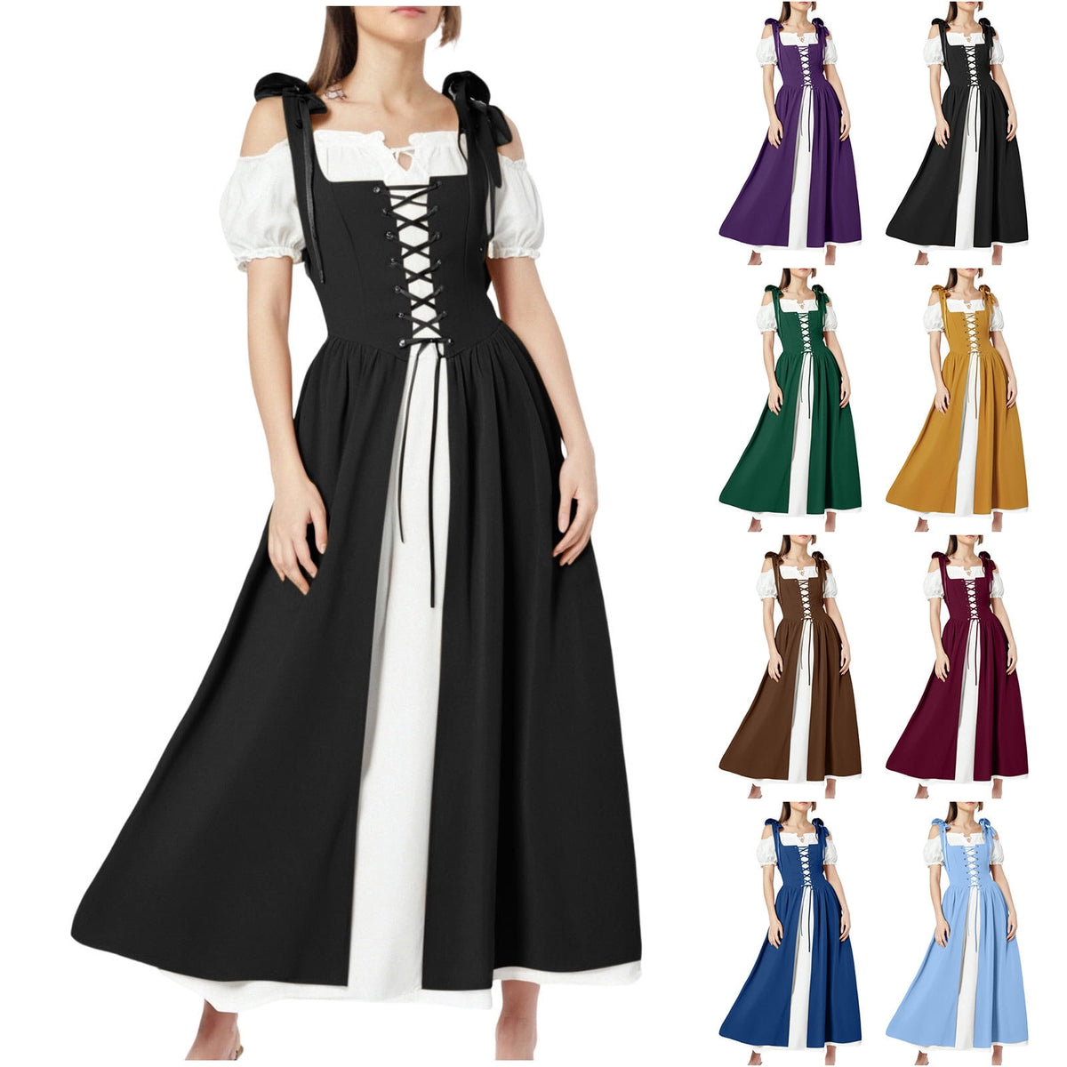 QATAINLAV Renaissance Costume Women Vintage Medieval Dress Cold Shoulder Short Sleeve Peasant Pirate Irish Maxi Dresses, Black, L
