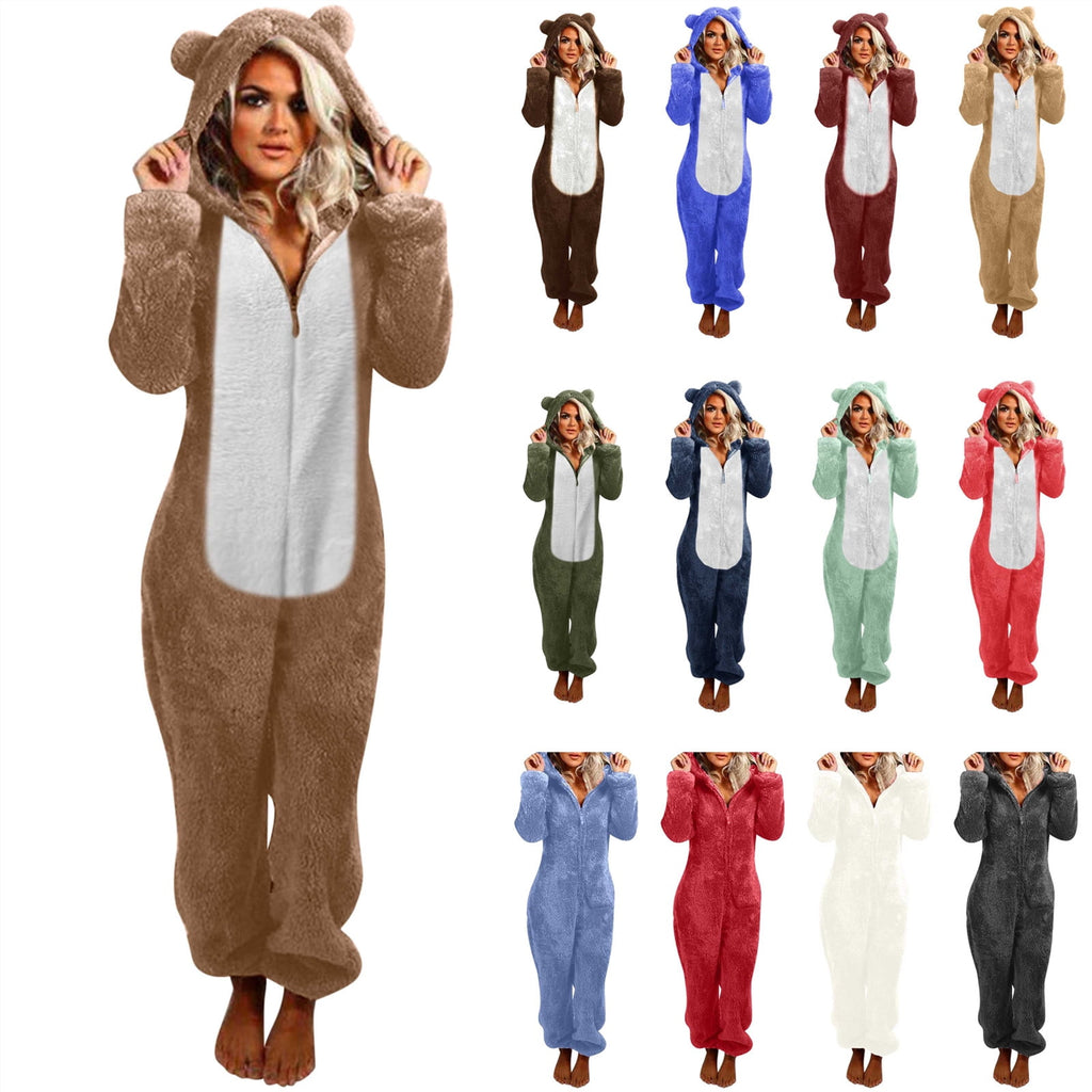 QATAINLAV Sherpa Fleece Jumpsuit for Women Winter Warm Fuzzy Onesie Pajamas Cute Cat Hooded Romper Casual Zip Up Overalls Sleepwear Black XL