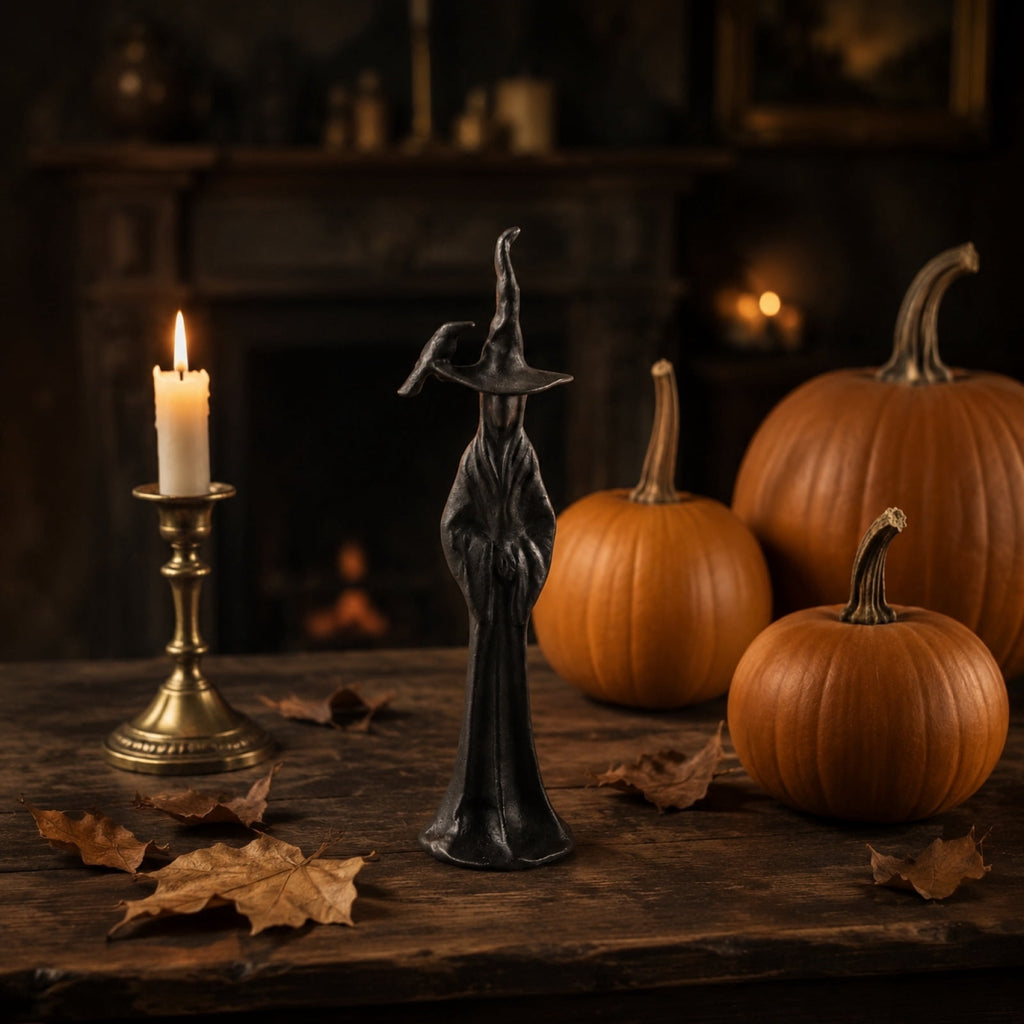 QLUEWX Halloween Sculpted Black Witch Statue, Resin Gothic Witch Figurine with Crow, 10 Inch Vintage Black Witch Sculpture Decor for Tabletop Mantel Shelf Home Holiday Party Decoration