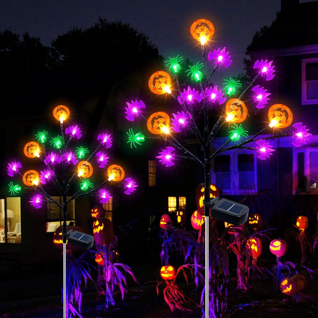 Qoosea 2 packs 40 LED Solar Halloween Lights, 2 Modes Halloween Bats Spiders Pumpkin Lights for Outdoor Decorations, Waterproof Stakes for Garden Yard Pathway Walkway