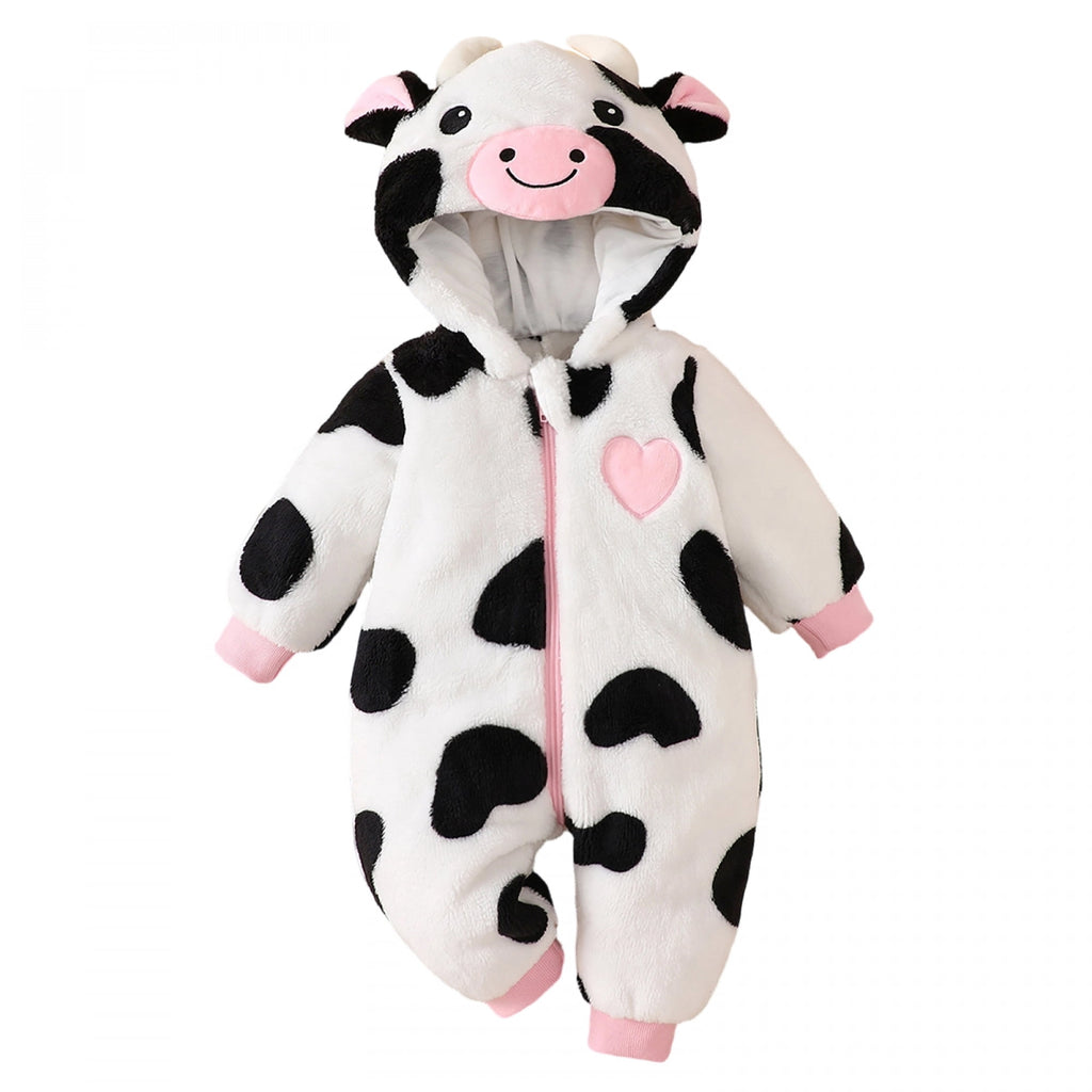 RUINIXCW Baby Cow Costume Infant Halloween Animal Costume Baby Boy Girl Warm Fall Winter Outfit Fleece Jumpsuit Snowsuit Baby Photoshoot Outfits Long Sleeve Zip Up Hooded Romper