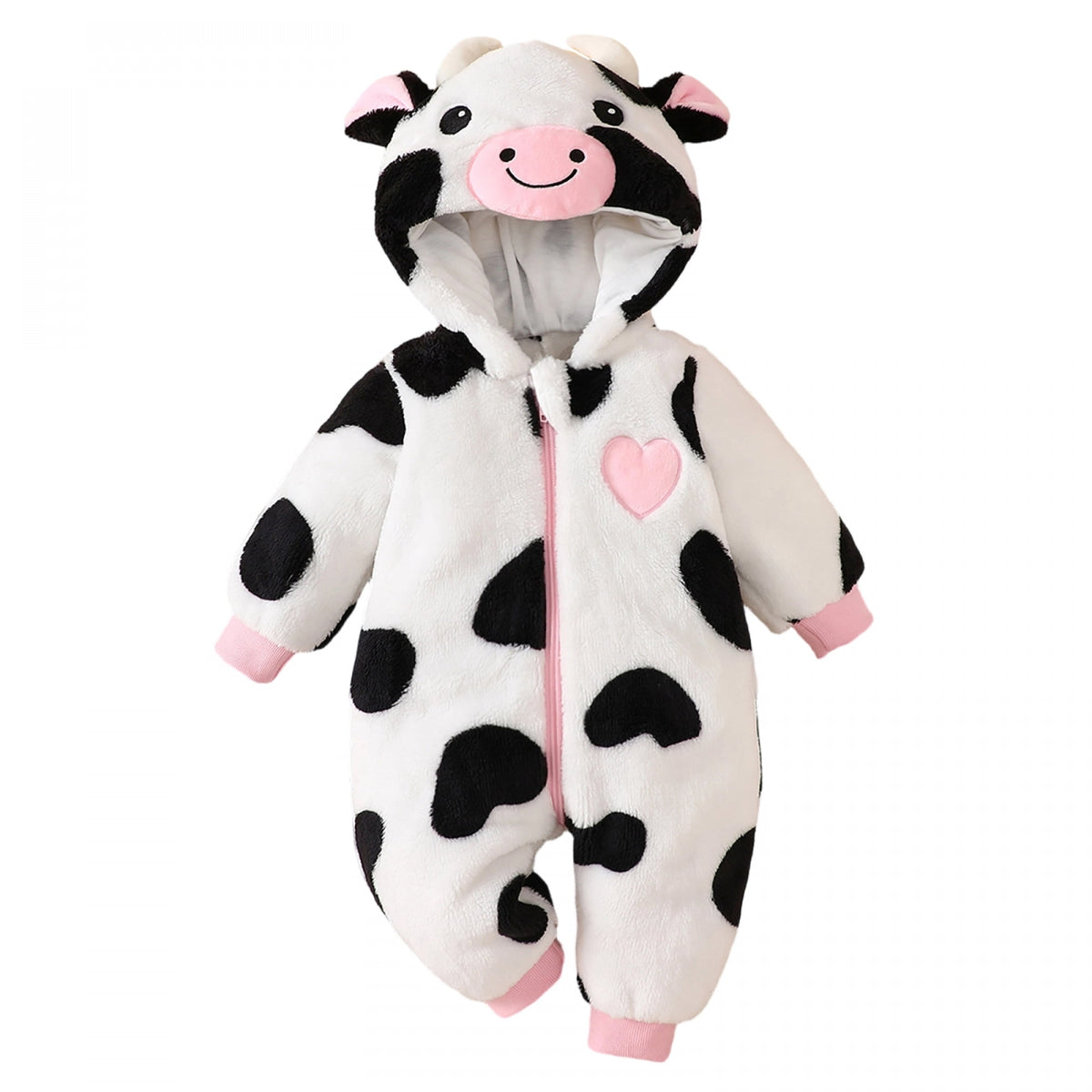 RUINIXCW Baby Cow Costume Infant Halloween Animal Costume Baby Boy Girl Warm Fall Winter Outfit Fleece Jumpsuit Snowsuit Baby Photoshoot Outfits Long Sleeve Zip Up Hooded Romper
