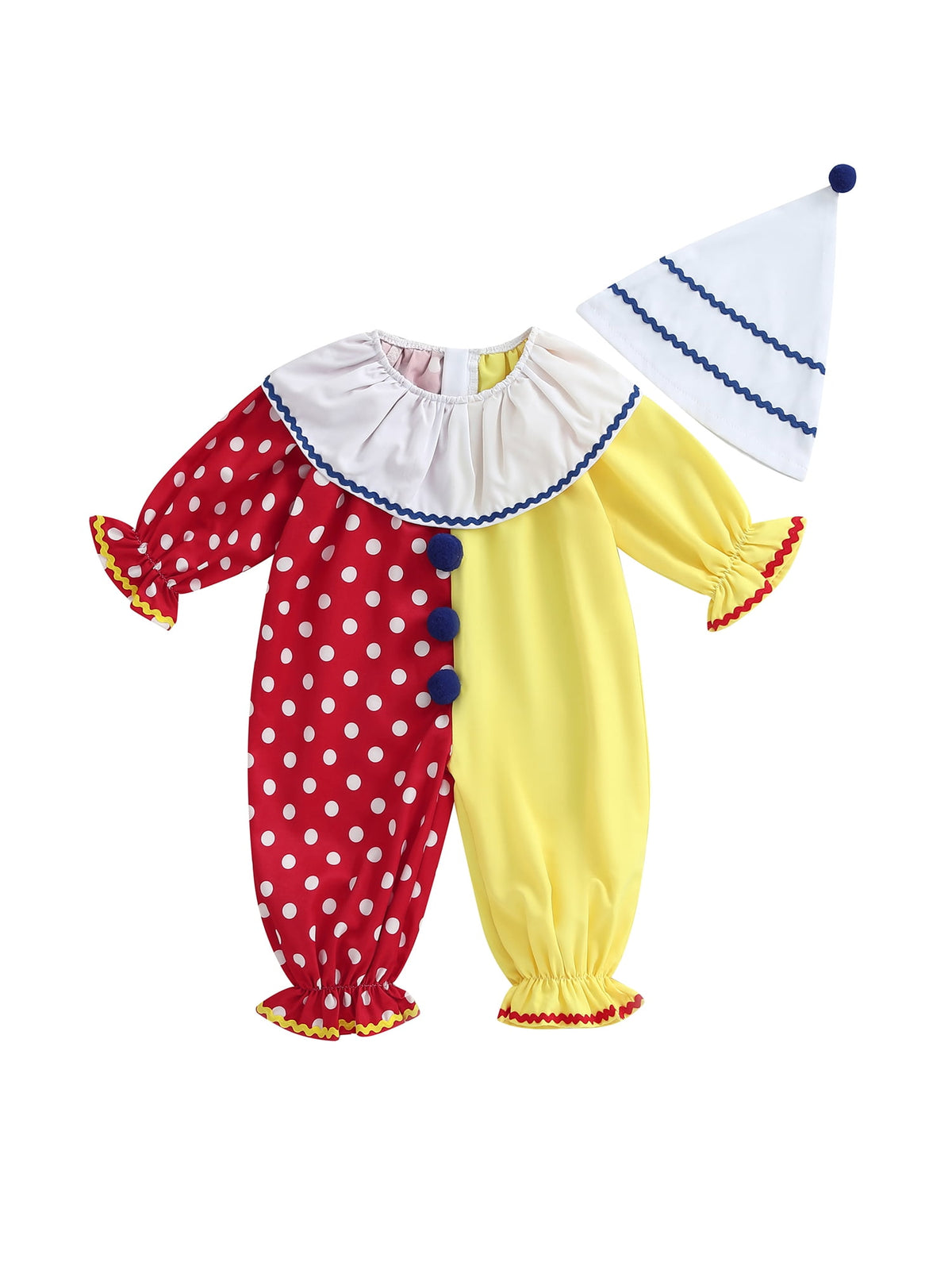 RUINIXCW Kids Toddler Baby Girl Boy Halloween Outfit Clown Costume Infant Baby Girl Boy Romper Birthday Photoshoot Outfit Contrast Color Long Sleeve Jumpsuit Hat