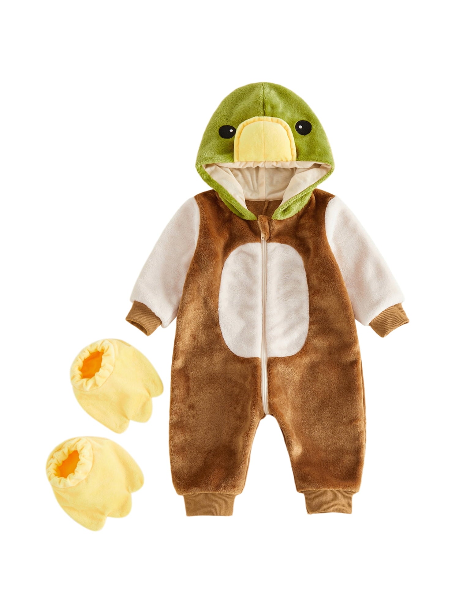 RUINIXCW Toddler Baby Boy Girl Duck Costume Newborn Infant Halloween Animal Costume Warm Fall Winter Plush Jumpsuit Outfit Long Sleeve Hood Zip Up Romper Snowsuit Foot Covers