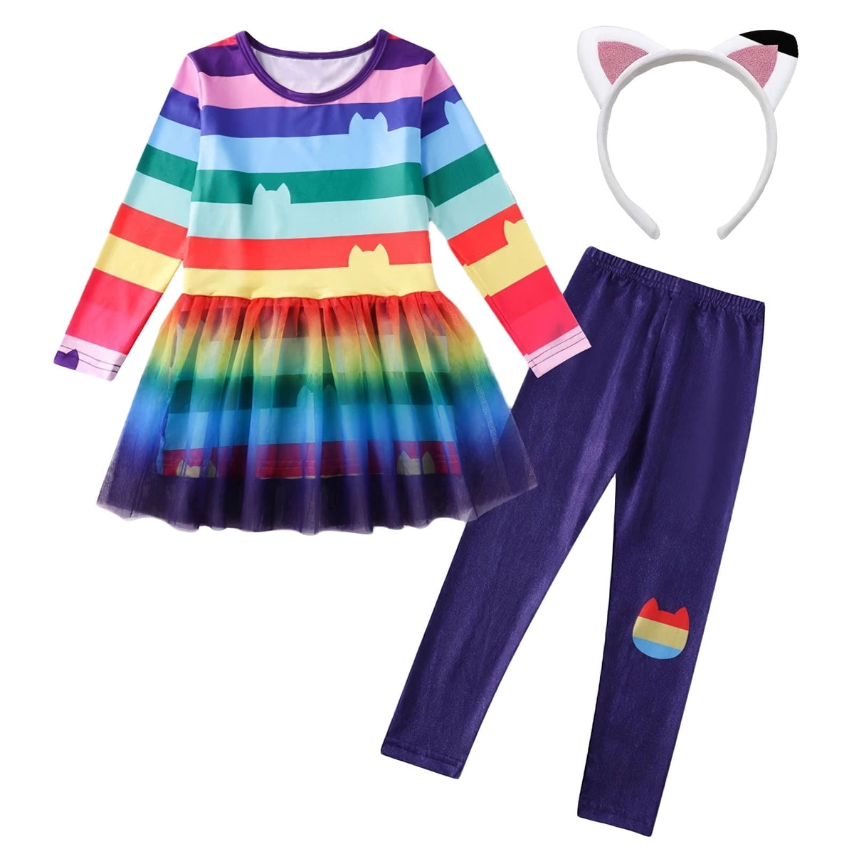 2PC Rainbow Dress Pant Set w/Headband for Girls Halloween Cat Birthday Tutu Outfit