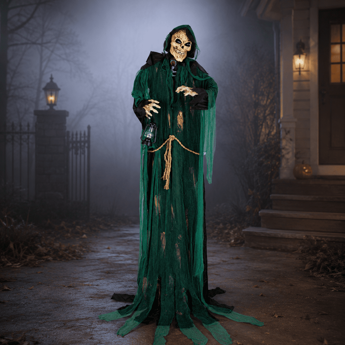 Romswi Halloween Decorations 7ft Standing Grim Reaper Animated with Light Up Eyes and Sound-Activated for Spooky Yard Garden Decor