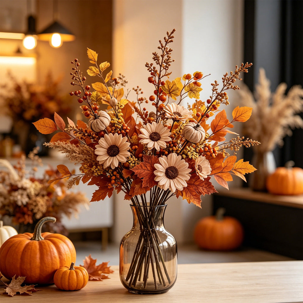 SCNOR Artificial Fall Floral Pick with Pumpkin Maple Leaf Sunflower, Halloween Thanksgiving Table Centerpiece for Home Decor