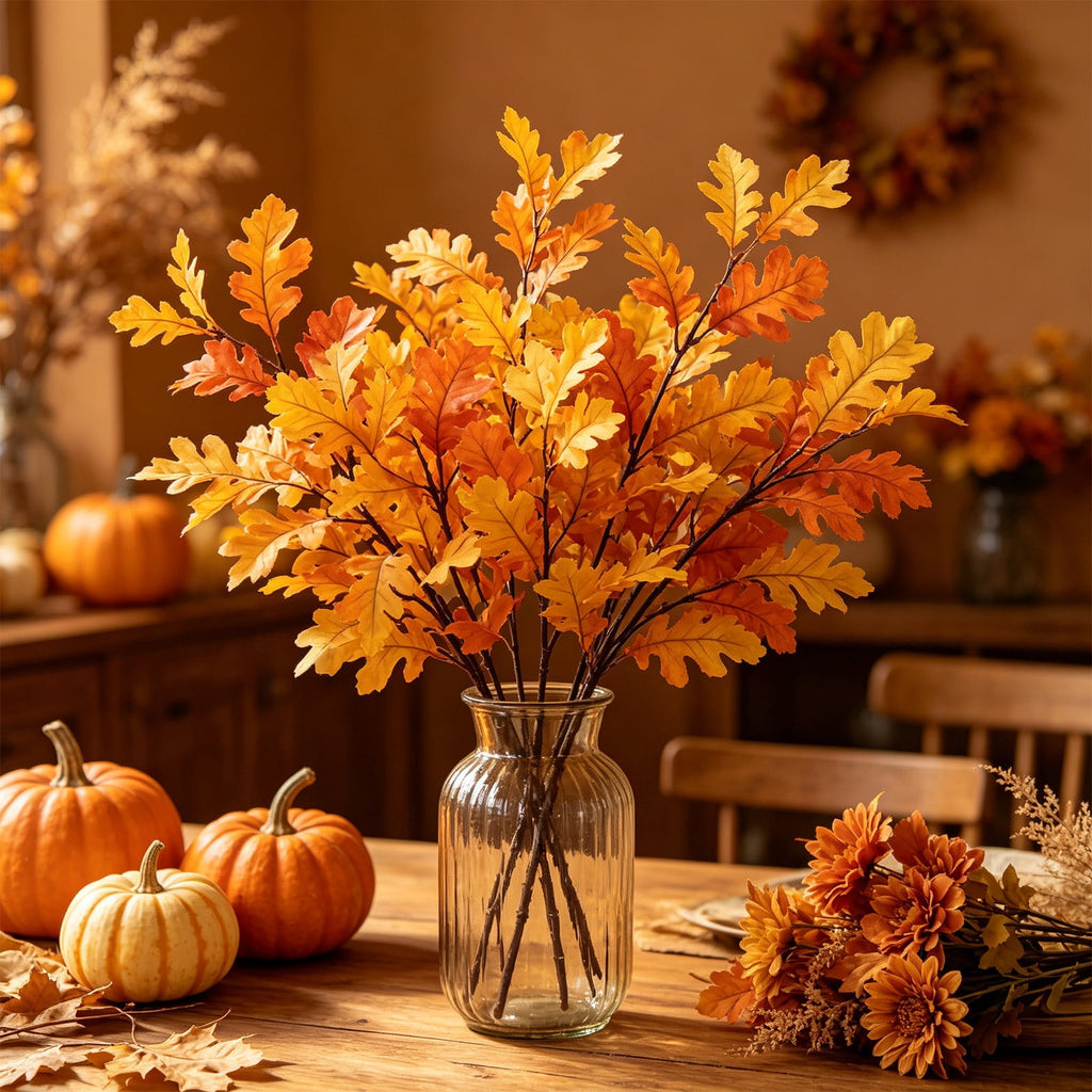 SCNOR Artificial Fall Oak Leaves 2-Pack, Faux Autumn Stems for Vase, Thanksgiving Halloween Table Decor