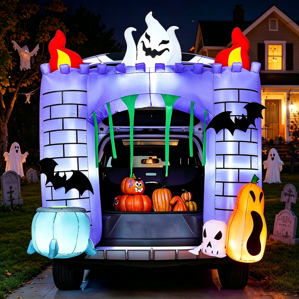 Joyfy 6 FT Halloween Inflatable Haunted Castle Decoration,Trunk or Treat Car Decorations Kit Ghost and Pumpkin with Built-in LED Light for Halloween Party Indoor,Outdoor,Yard,Garden Decor