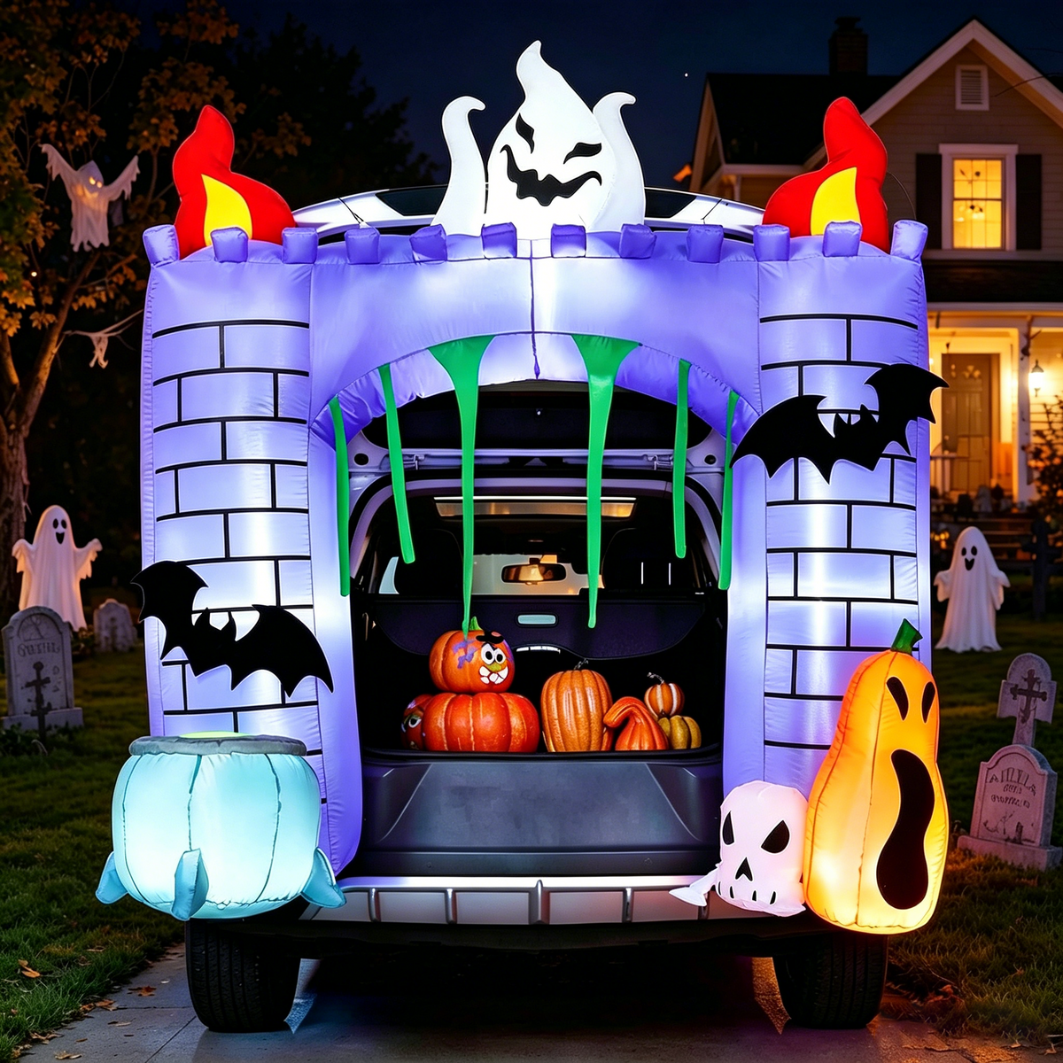 Joyfy 6 FT Halloween Inflatable Haunted Castle Decoration,Trunk or Treat Car Decorations Kit Ghost and Pumpkin with Built-in LED Light for Halloween Party Indoor,Outdoor,Yard,Garden Decor