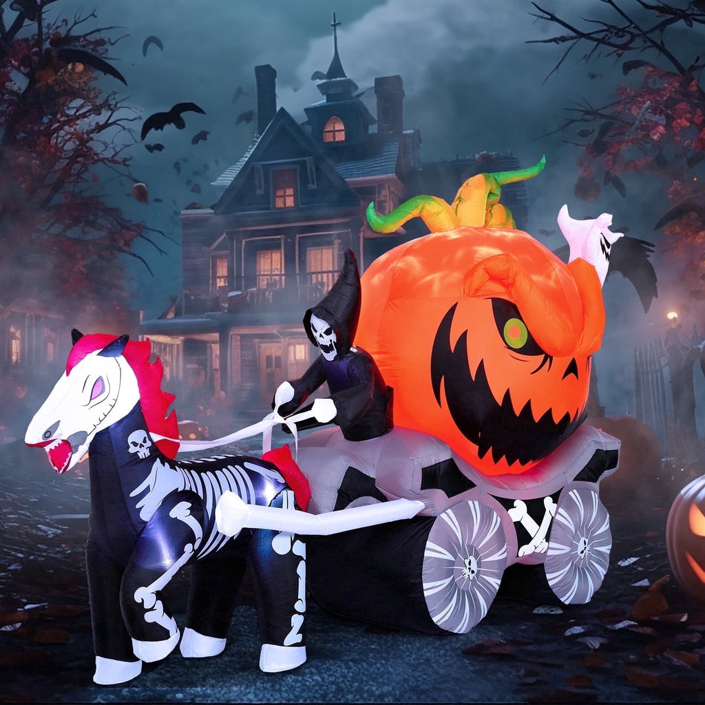 Joyfy 8ft Long Halloween Inflatables Outdoor Decorations,Spooky Pumpkin Carriage with Built-in LEDs,Blow Up Halloween Decoration for Yard