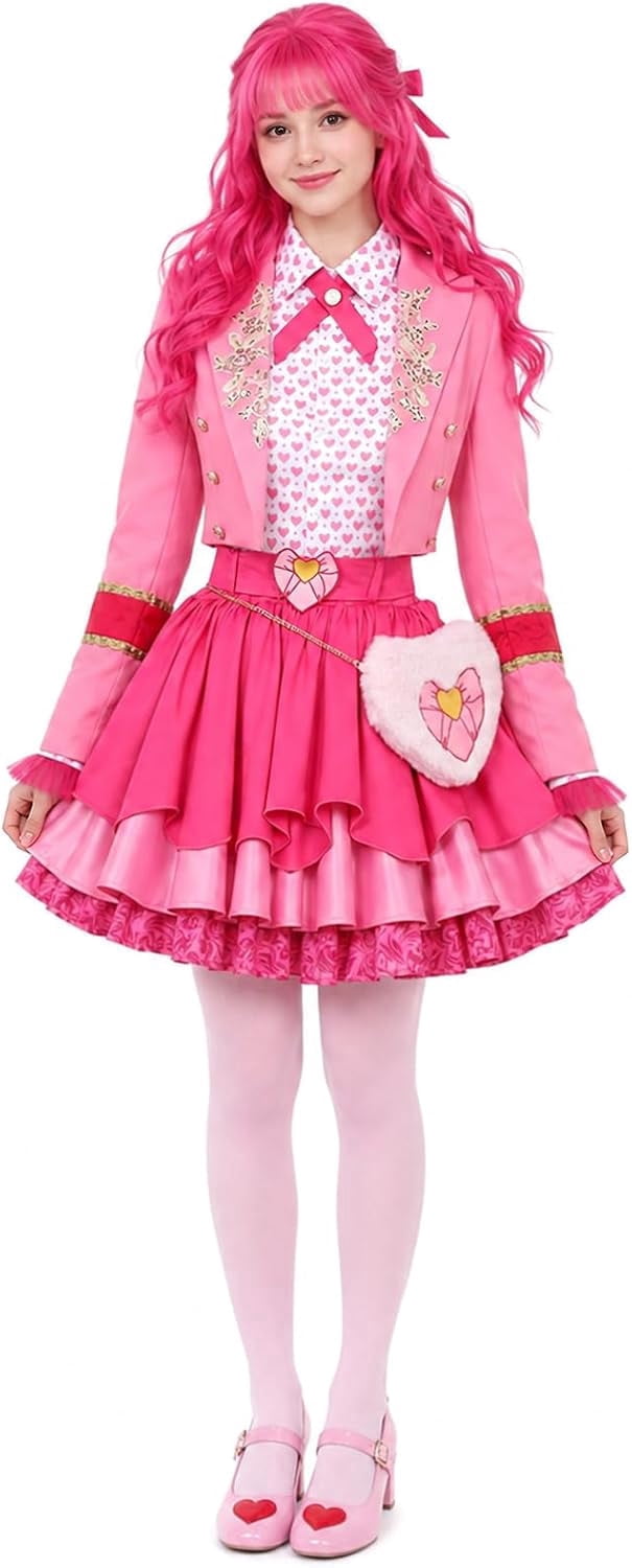 Satmonnus Women's Pink Princess Costume Set, Adult Halloween Cosplay Outfit with Heart Print Jacket, Layered Skirt & Fuzzy Bag, Fancy Dress Up for Themed Parties
