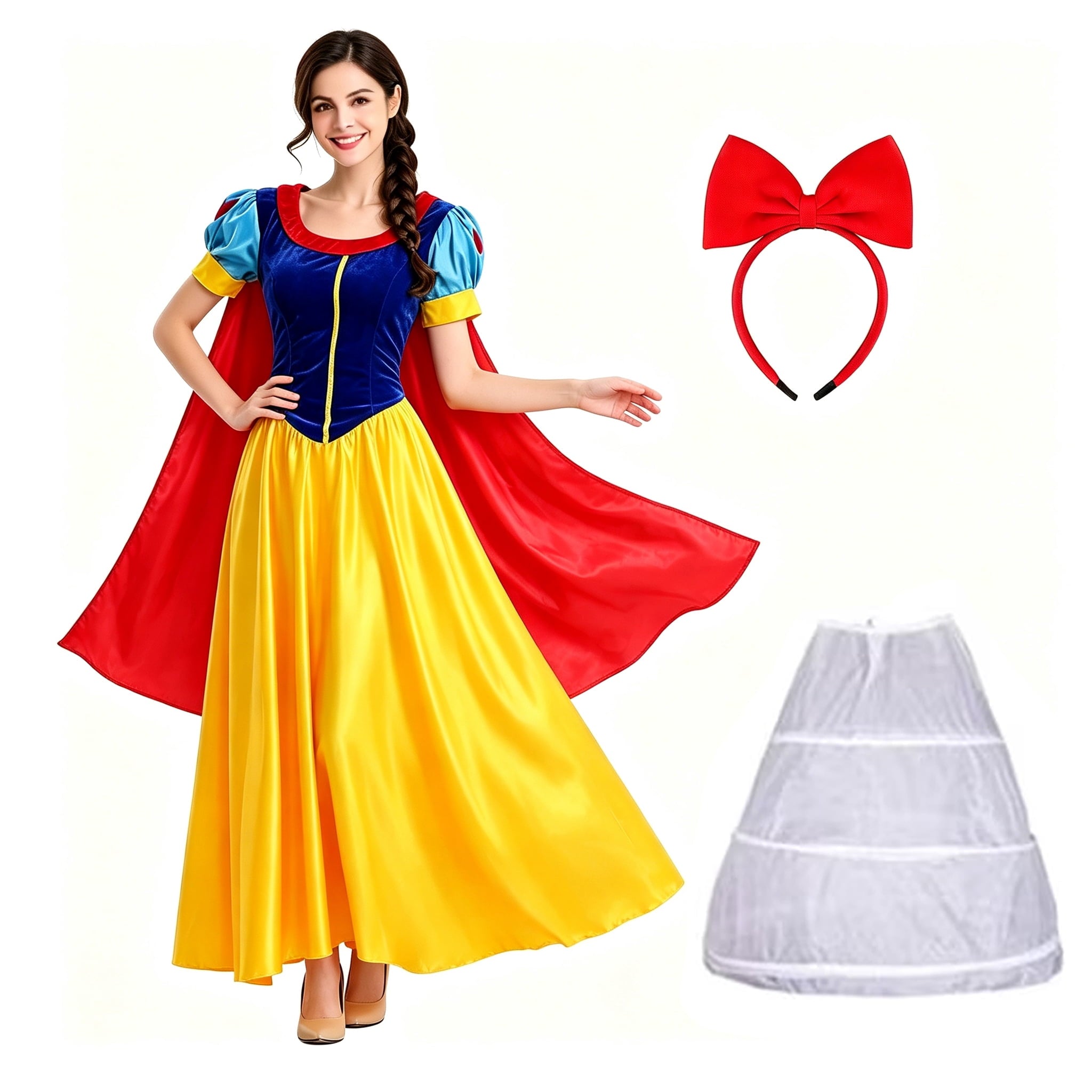 Snow Princess Dress for Women Halloween Fairytale Costume with headband , Size S-2XL