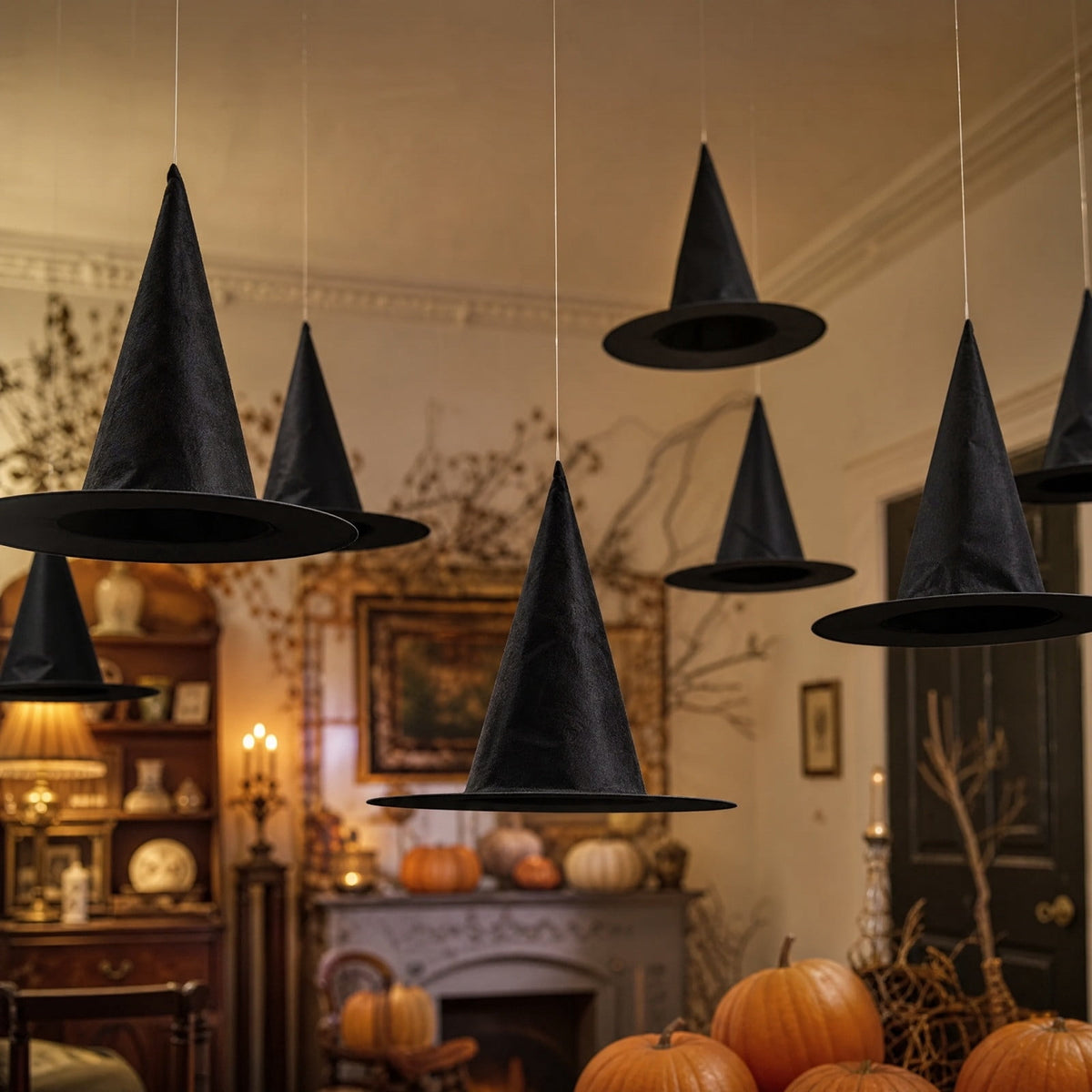 Stijggn Halloween Witch Hat, Black Hanging Witch Hats with Rope, Witch Costume Accessories Floating, Witches Hat with Hanging Rope for Porch Yard Indoor Outdoor Halloween Party Decor