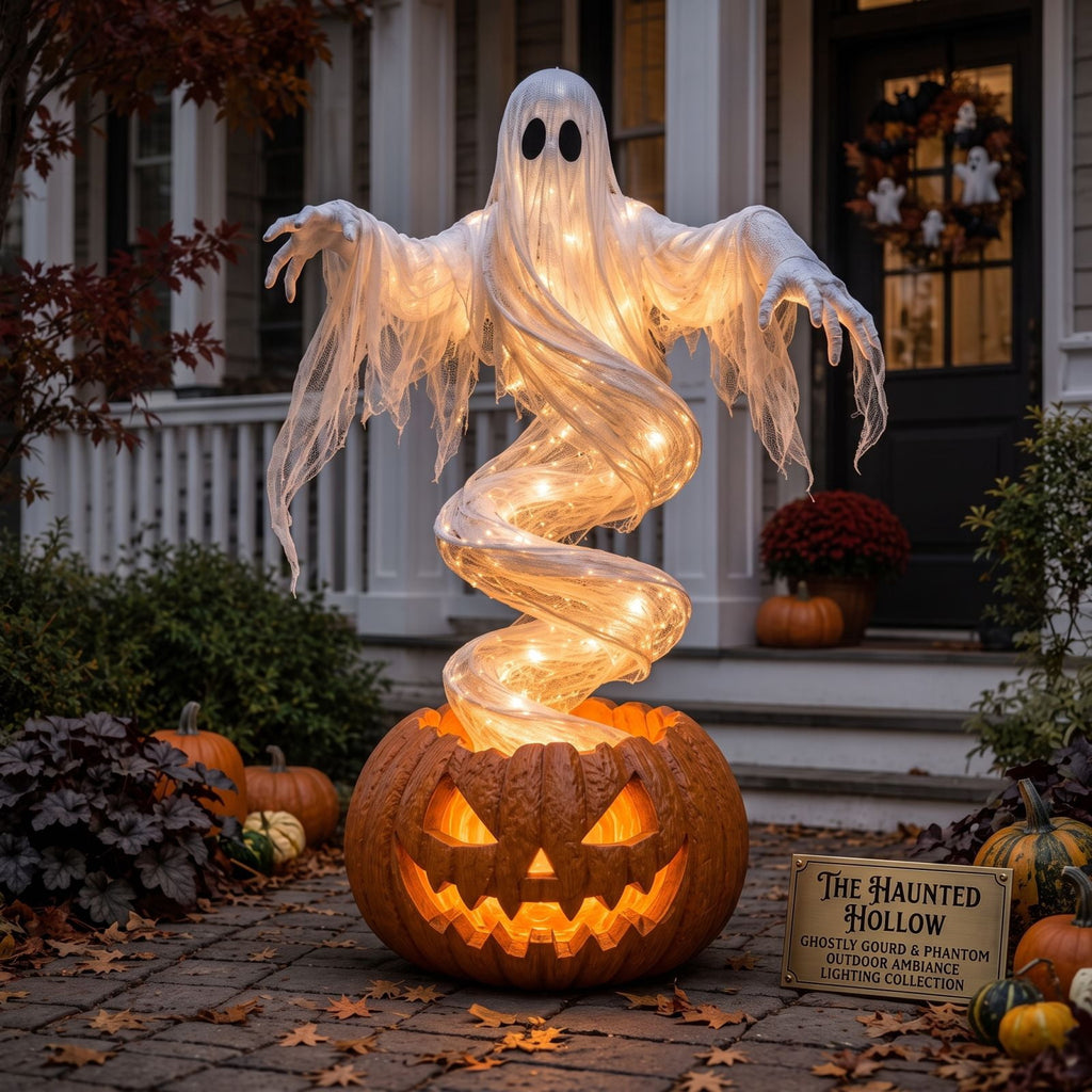 Swirling Ghost Pumpkin Yard Lamp, Halloween Yard Sculpture LED Glowing Floating Ghost Pumpkin Light, Halloween Outdoor Lawn Front Entrance Decor
