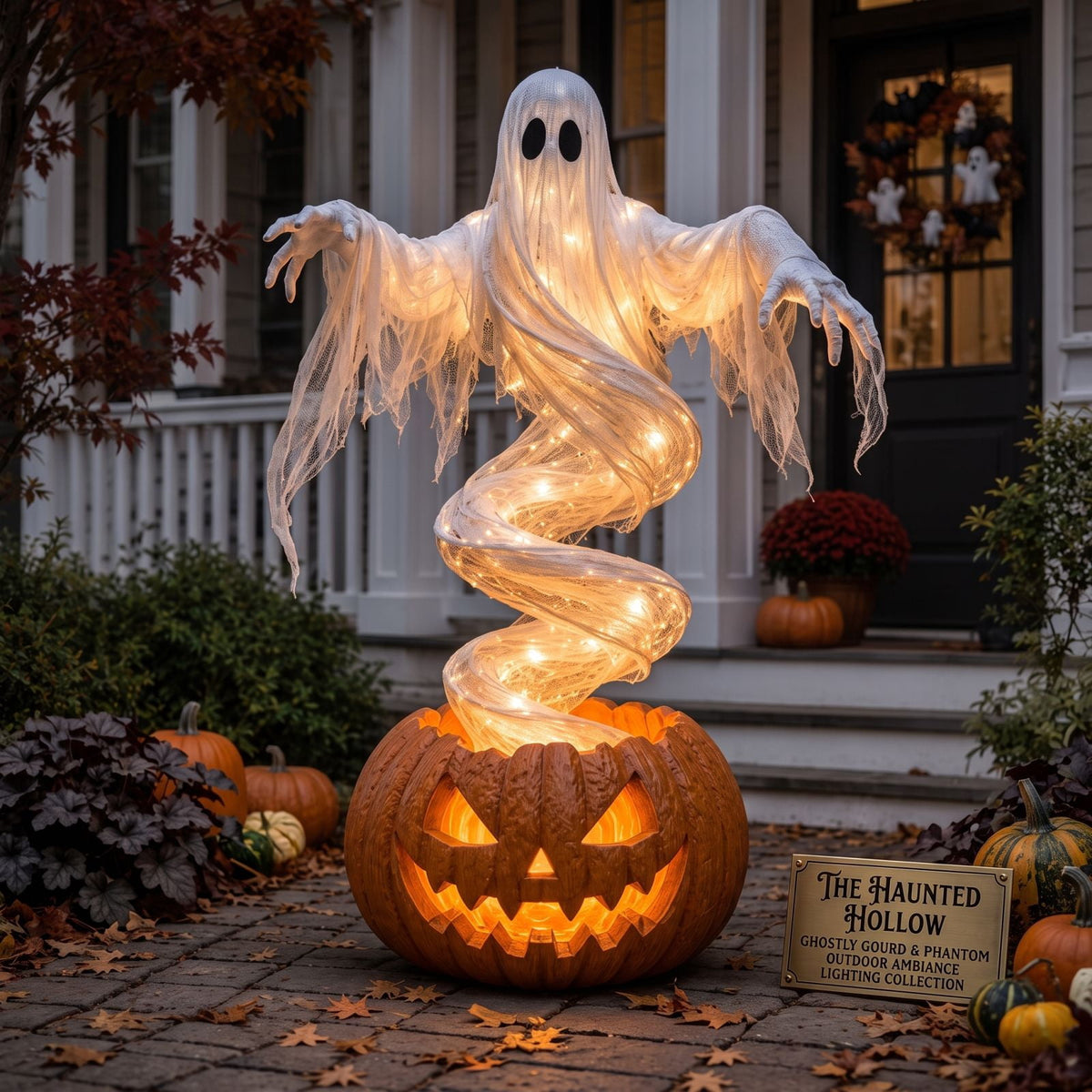 Swirling Ghost Pumpkin Yard Lamp, Halloween Yard Sculpture LED Glowing Floating Ghost Pumpkin Light, Halloween Outdoor Lawn Front Entrance Decor