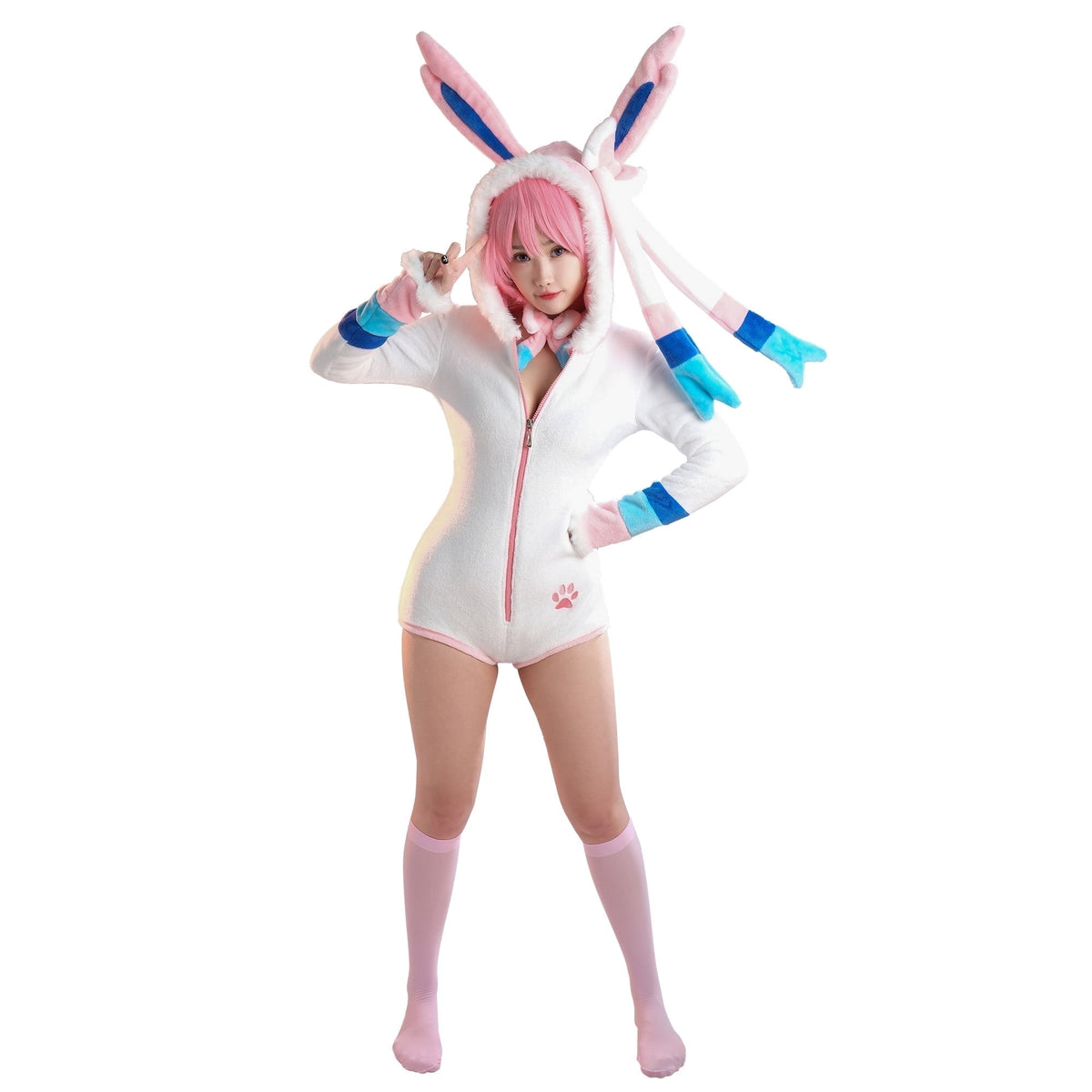 Women sexy Fluffy Hooded Bodysuit Halloween Deep V Kawaii One Piece Lingerie Rompers with Choker and Socks