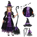 Joyfy Witch Costume Set for Girls, Halloween Fancy-Dress with Broom Hat for Toddler Kids Halloween Party Dress up 3-14 Years