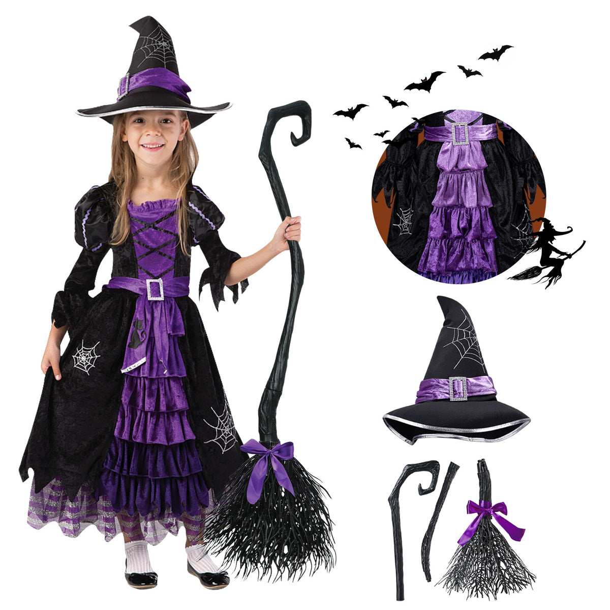 Joyfy Witch Costume Set for Girls, Halloween Fancy-Dress with Broom Hat for Toddler Kids Halloween Party Dress up 3-14 Years