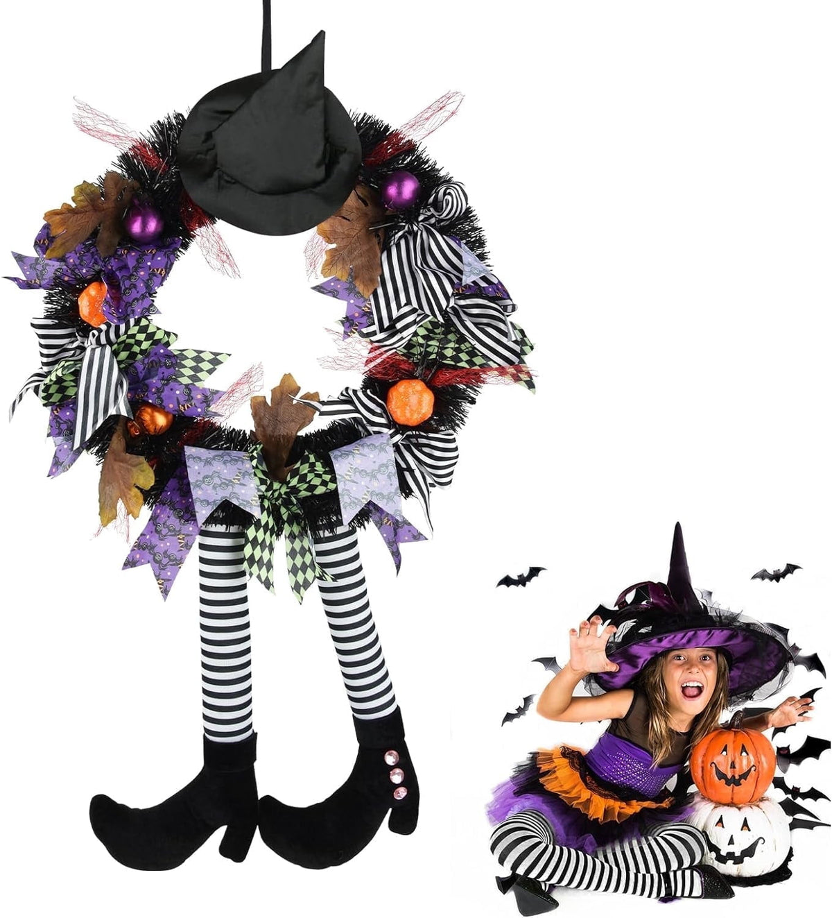 TETOU Halloween Wreaths for Front Door, 27" Witch Wreath Halloween Costumes, Autumn Door Wreath Witch's Hat and Legs Pumpkin Halloween Indoor & Outdoor Wall Decor