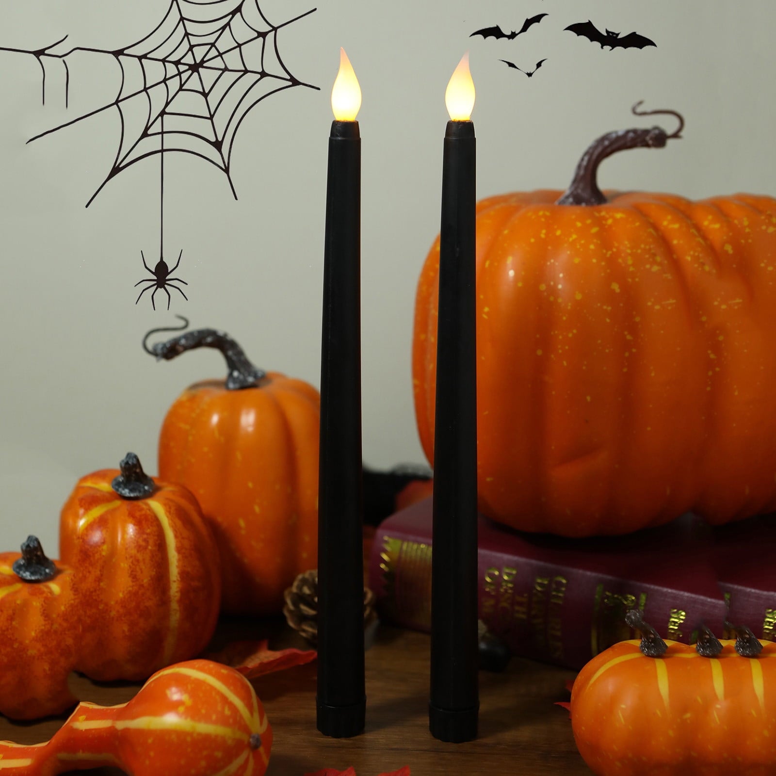 TOPRenddon Black Flameless Taper Candles, Flickering Battery Halloween LED Candlesticks Set of 2, Gothic Wedding Decor
