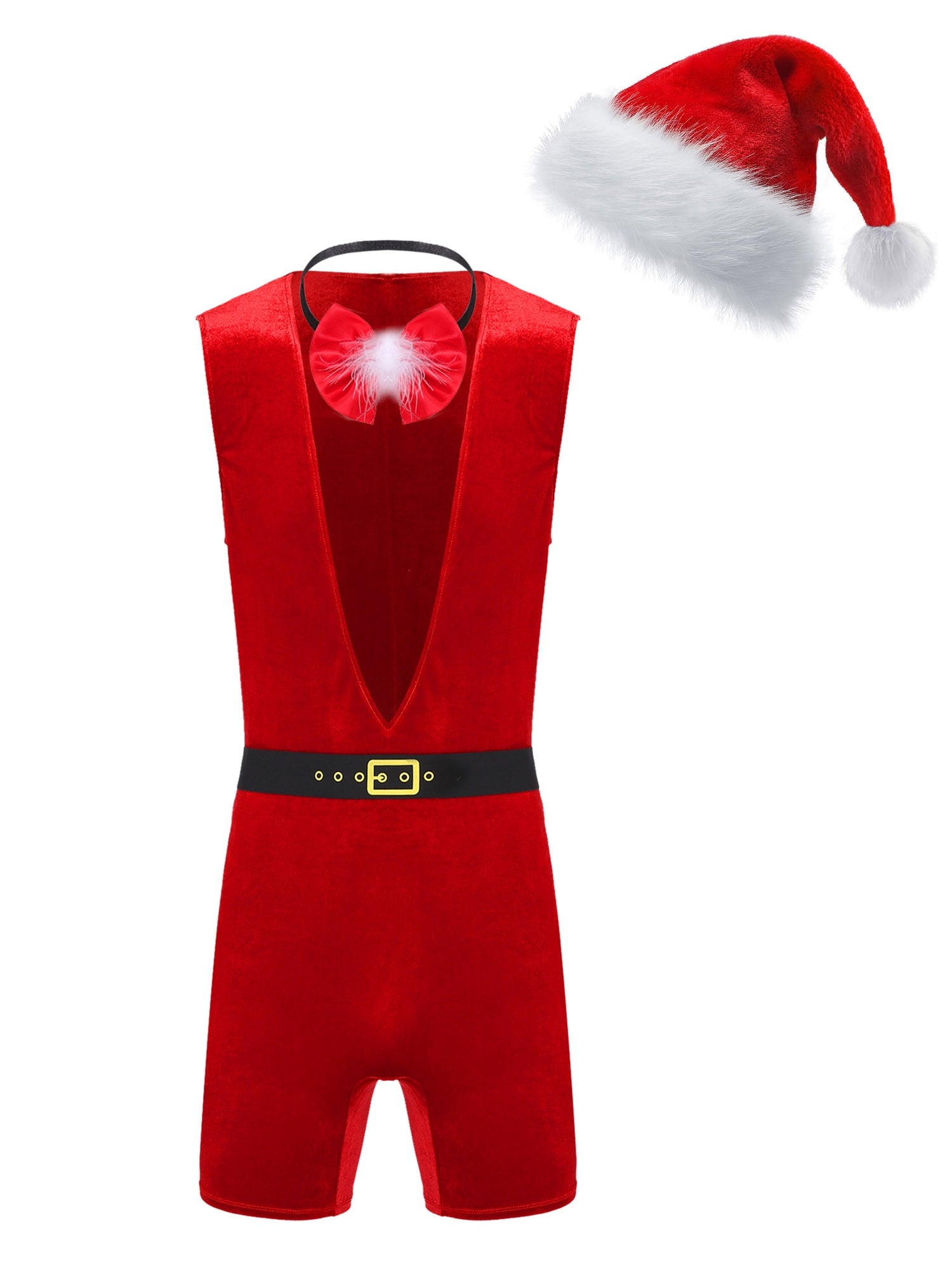 TiaoBug Men Christmas Santa Claus Cosplay Costume Boxers Leotard Bodysuit with Hat Xmas Party Outfits B Red XL
