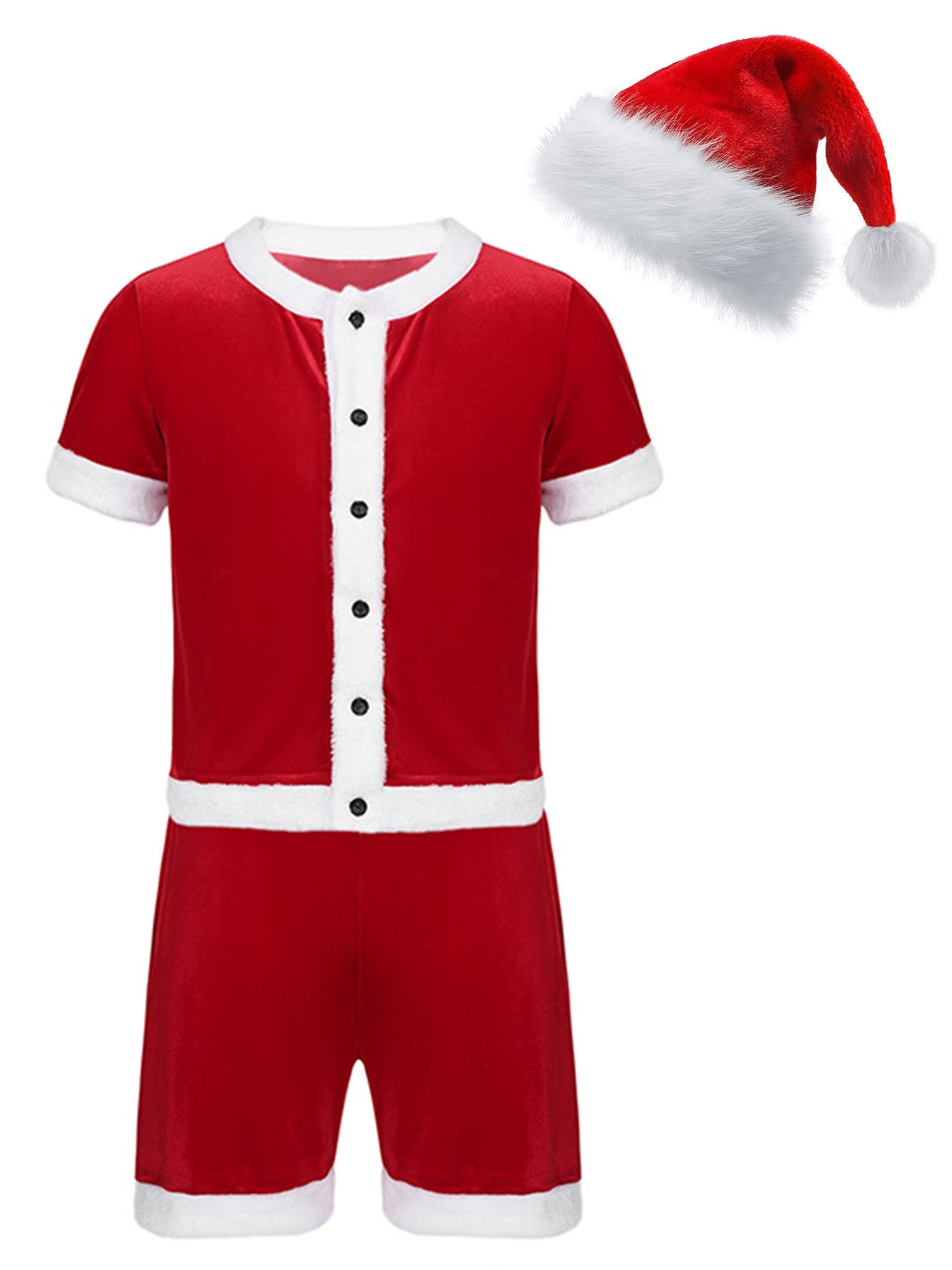 TiaoBug Men Christmas Santa Claus Cosplay Costume Boxers Leotard Bodysuit with Hat Xmas Party Outfits B Red XL